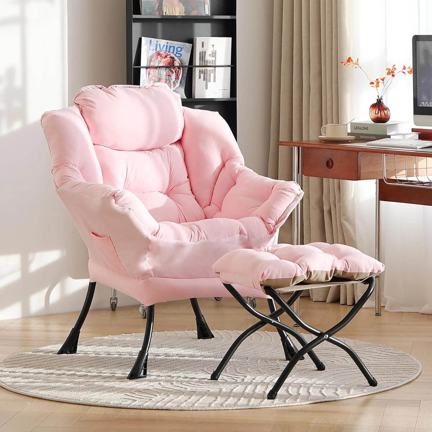 LITA Lazy Chair with Ottoman, Modern Accent Leisure Upholstered Sofa, Contemporary Lounge Reading Chair with Armrests and a Side Pocket for Living Room, Bedroom & Small Space, Pink