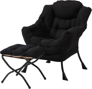 LITA Lazy Chair With Ottoman, Modern Accent Leisure Upholstered Sofa, Contemporary Lounge Reading With Armrests and Side Pocket for Living Room, Bedroom & Small Space, Black