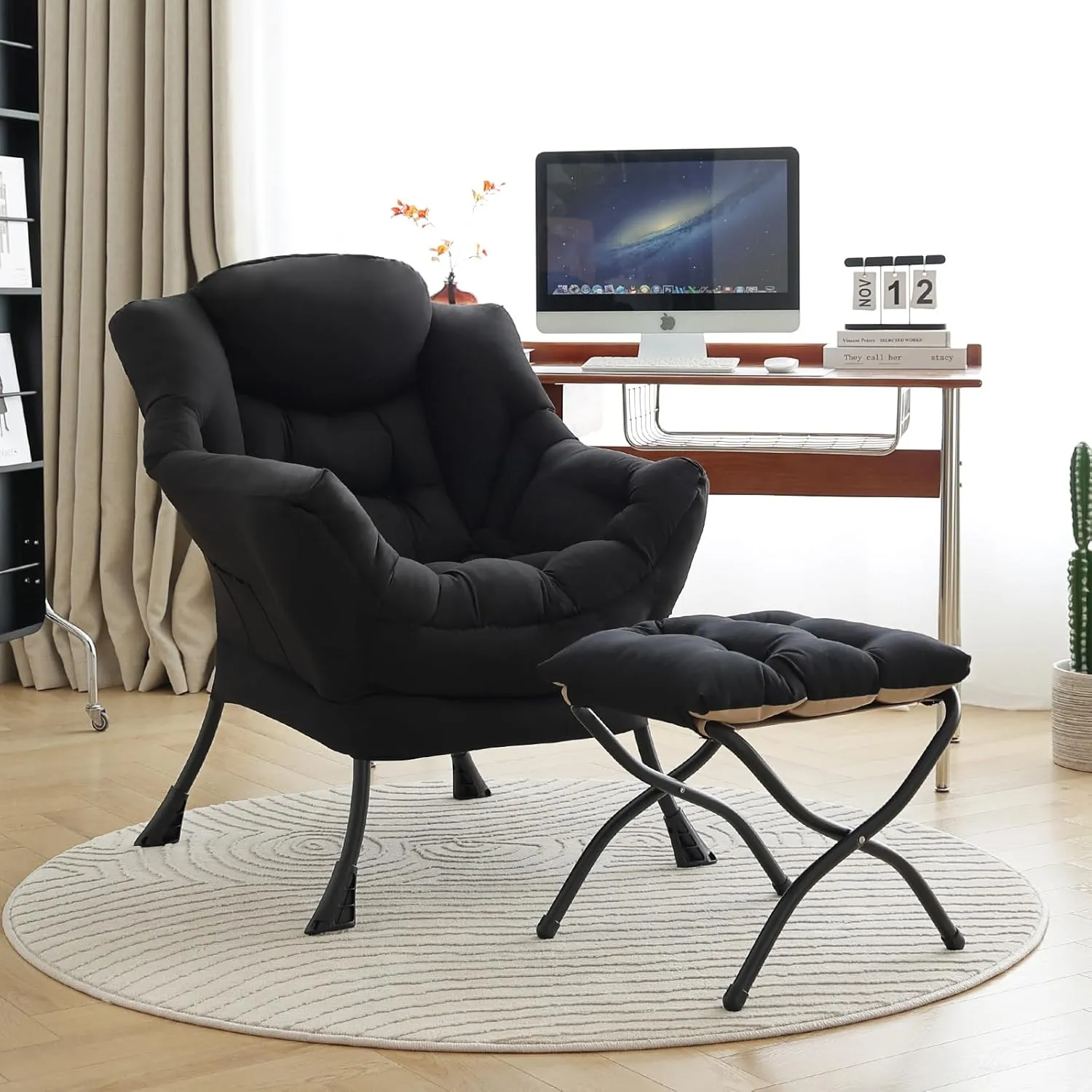 LITA Lazy Chair With Ottoman, Modern Accent Leisure Upholstered Sofa, Contemporary Lounge Reading With Armrests and Side Pocket for Living Room, Bedroom & Small Space, Black