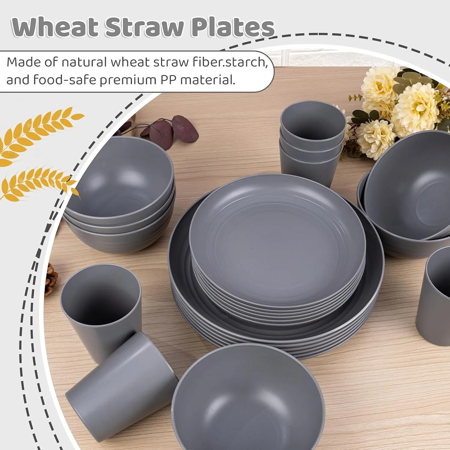 LIYH 24pcs Wheat Straw Dinnerware Sets - Unbreakable Dinnerware Sets for 6,Plates and Bowls Set Plastic Plates Reusable Straw Tableware Plates Dishes Set for 6 Dark Grey 12 Plates 6 Bowls 6 Cups