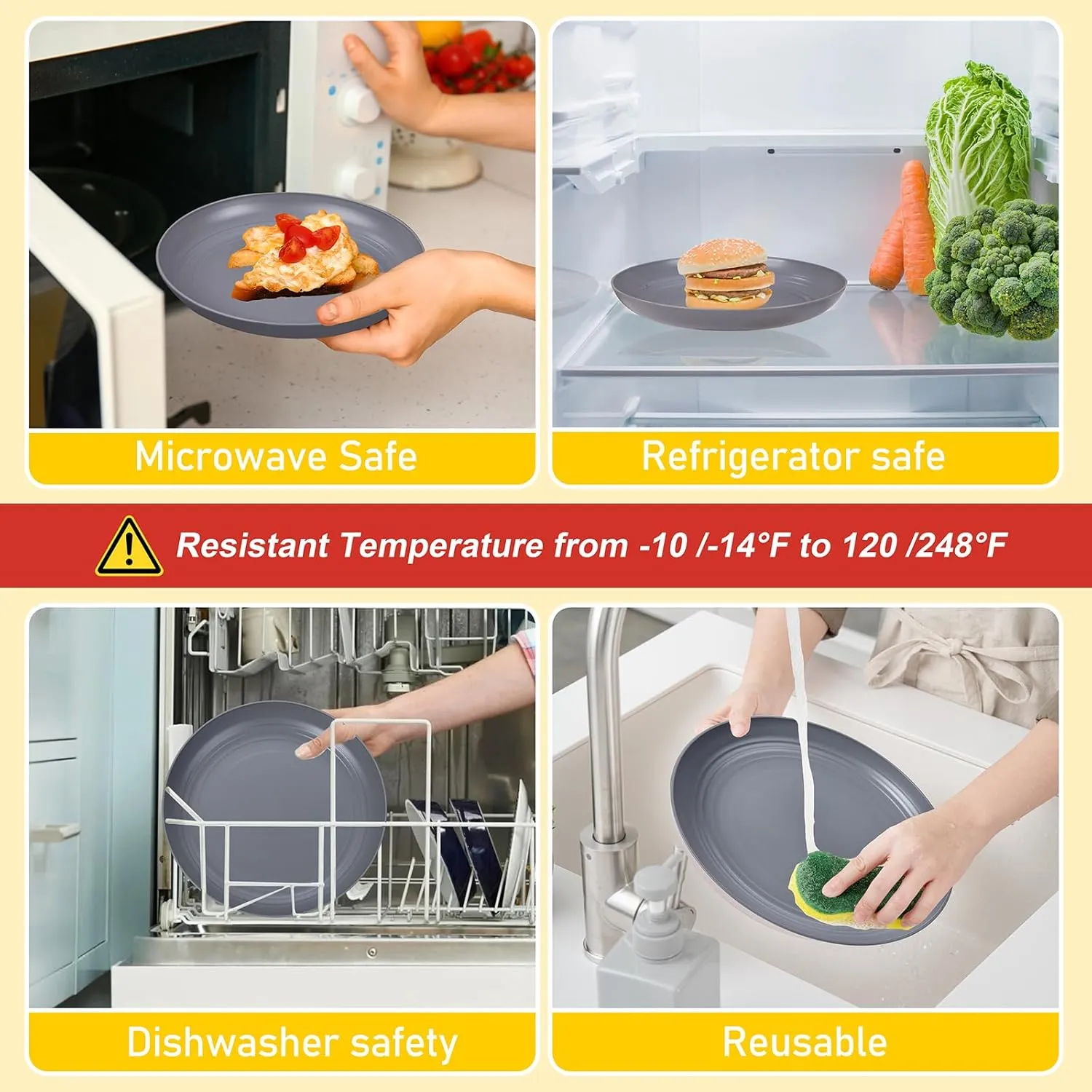 LIYH 24pcs Wheat Straw Dinnerware Sets - Unbreakable Dinnerware Sets for 6,Plates and Bowls Set Plastic Plates Reusable Straw Tableware Plates Dishes Set for 6 Dark Grey 12 Plates 6 Bowls 6 Cups