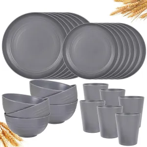 LIYH 24pcs Wheat Straw Dinnerware Sets - Unbreakable Dinnerware Sets for 6,Plates and Bowls Set Plastic Plates Reusable Straw Tableware Plates Dishes Set for 6 Dark Grey 12 Plates 6 Bowls 6 Cups