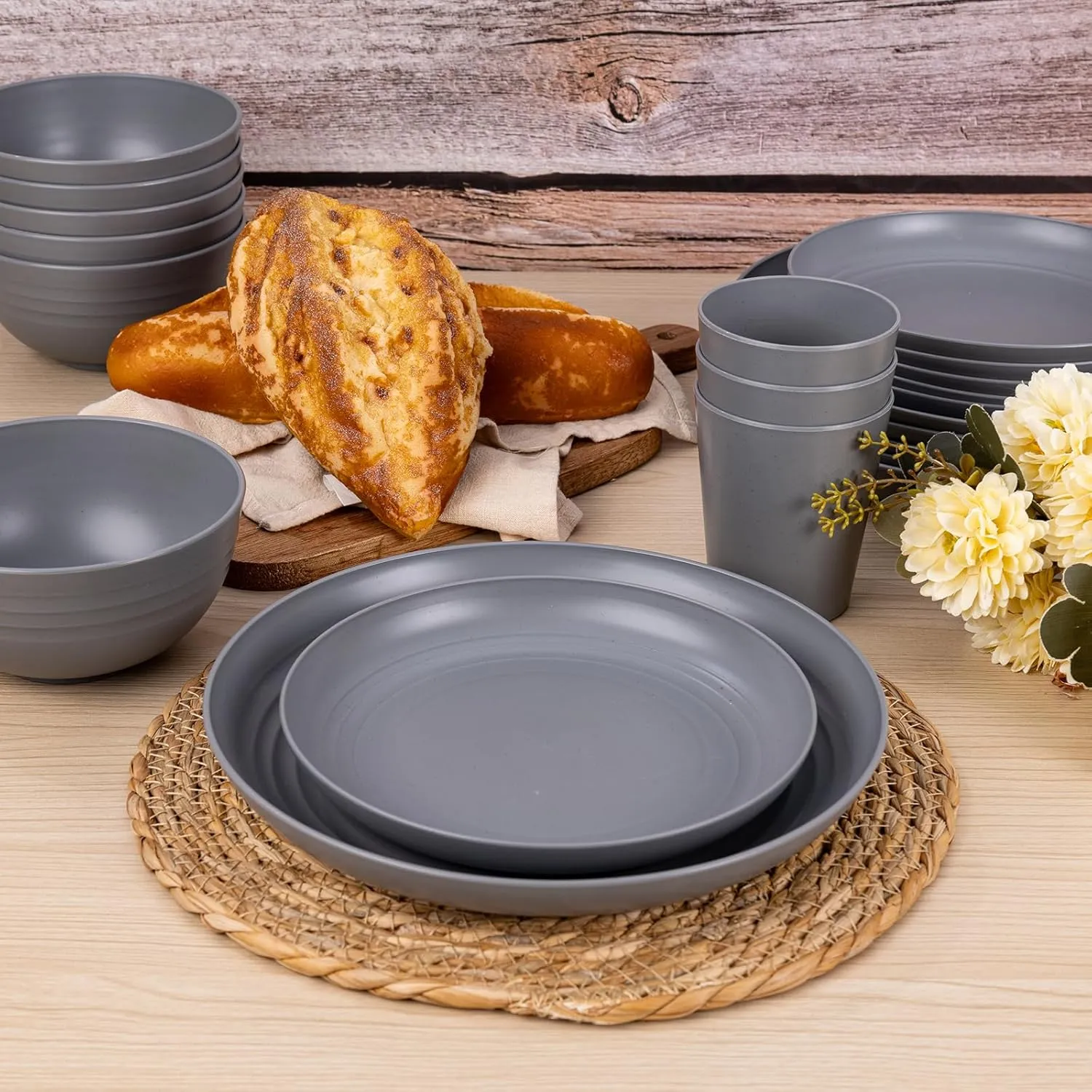 LIYH 24pcs Wheat Straw Dinnerware Sets - Unbreakable Dinnerware Sets for 6,Plates and Bowls Set Plastic Plates Reusable Straw Tableware Plates Dishes Set for 6 Dark Grey 12 Plates 6 Bowls 6 Cups