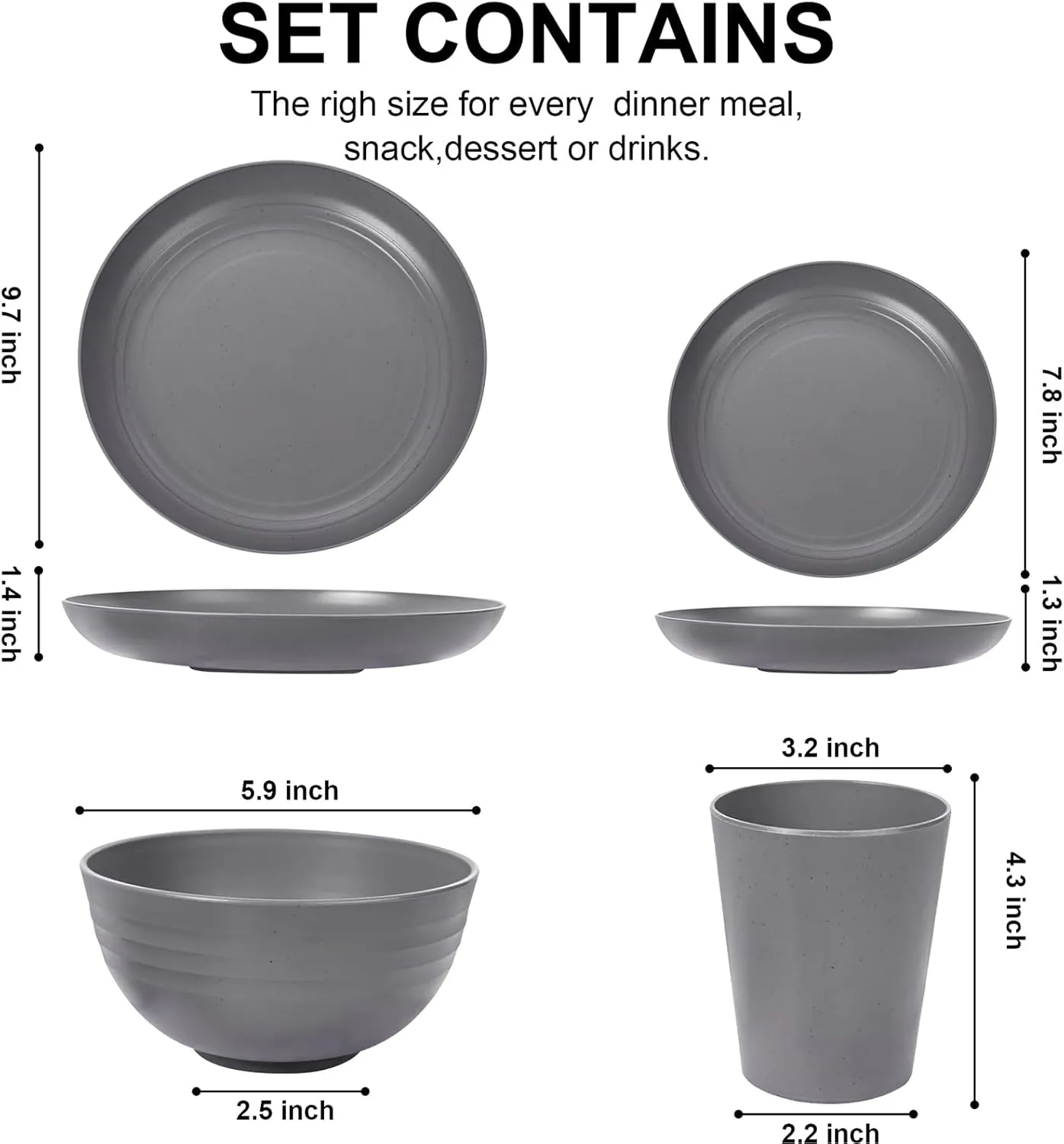LIYH 24pcs Wheat Straw Dinnerware Sets - Unbreakable Dinnerware Sets for 6,Plates and Bowls Set Plastic Plates Reusable Straw Tableware Plates Dishes Set for 6 Dark Grey 12 Plates 6 Bowls 6 Cups
