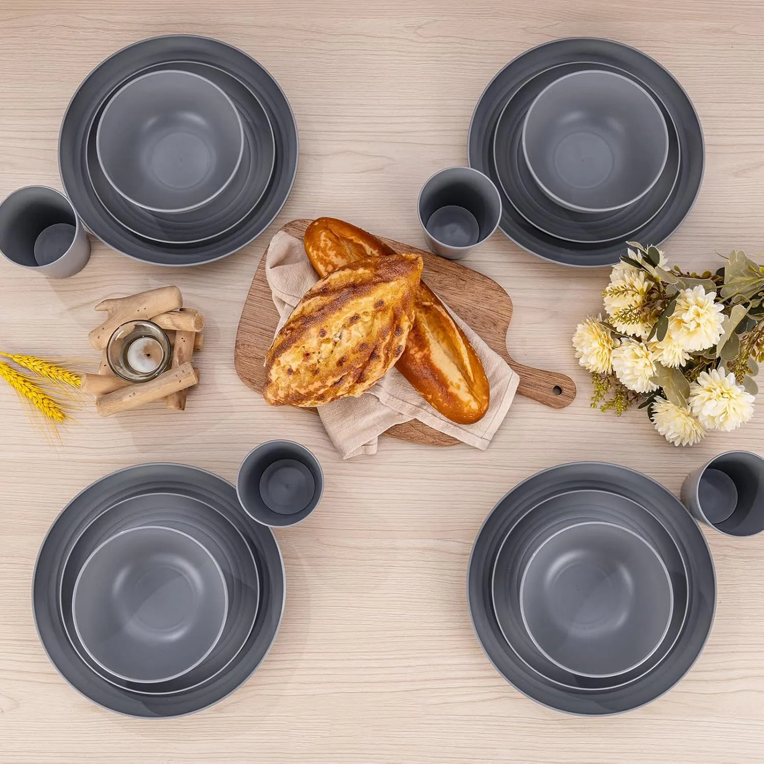 LIYH 24pcs Wheat Straw Dinnerware Sets - Unbreakable Dinnerware Sets for 6,Plates and Bowls Set Plastic Plates Reusable Straw Tableware Plates Dishes Set for 6 Dark Grey 12 Plates 6 Bowls 6 Cups