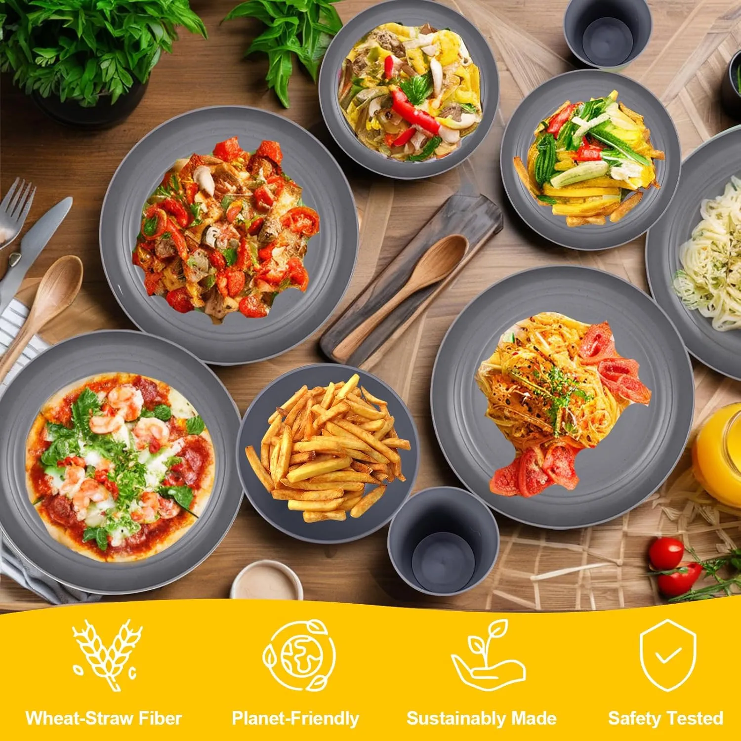 LIYH 24pcs Wheat Straw Dinnerware Sets - Unbreakable Dinnerware Sets for 6,Plates and Bowls Set Plastic Plates Reusable Straw Tableware Plates Dishes Set for 6 Dark Grey 12 Plates 6 Bowls 6 Cups