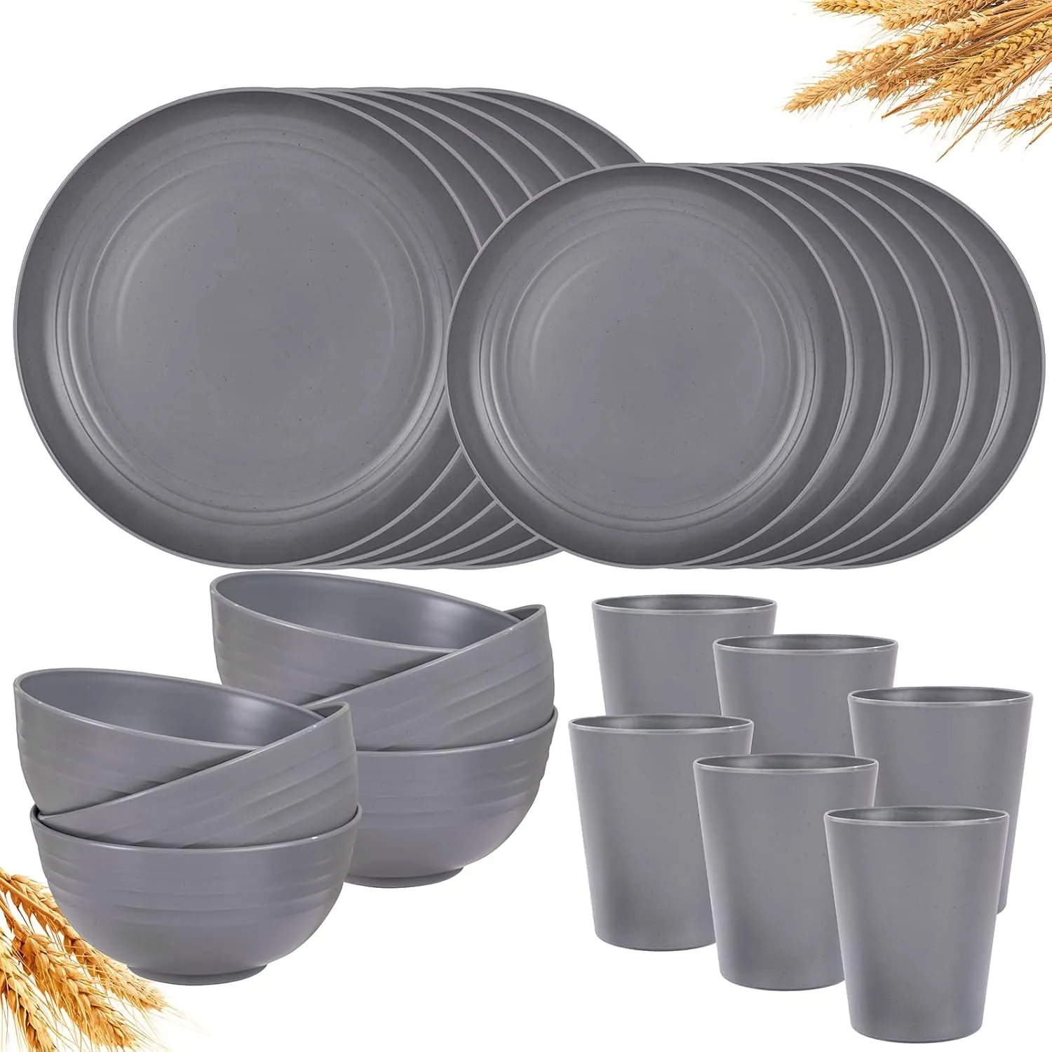 LIYH 24pcs Wheat Straw Dinnerware Sets - Unbreakable Dinnerware Sets for 6,Plates and Bowls Set Plastic Plates Reusable Straw Tableware Plates Dishes Set for 6 Dark Grey 12 Plates 6 Bowls 6 Cups