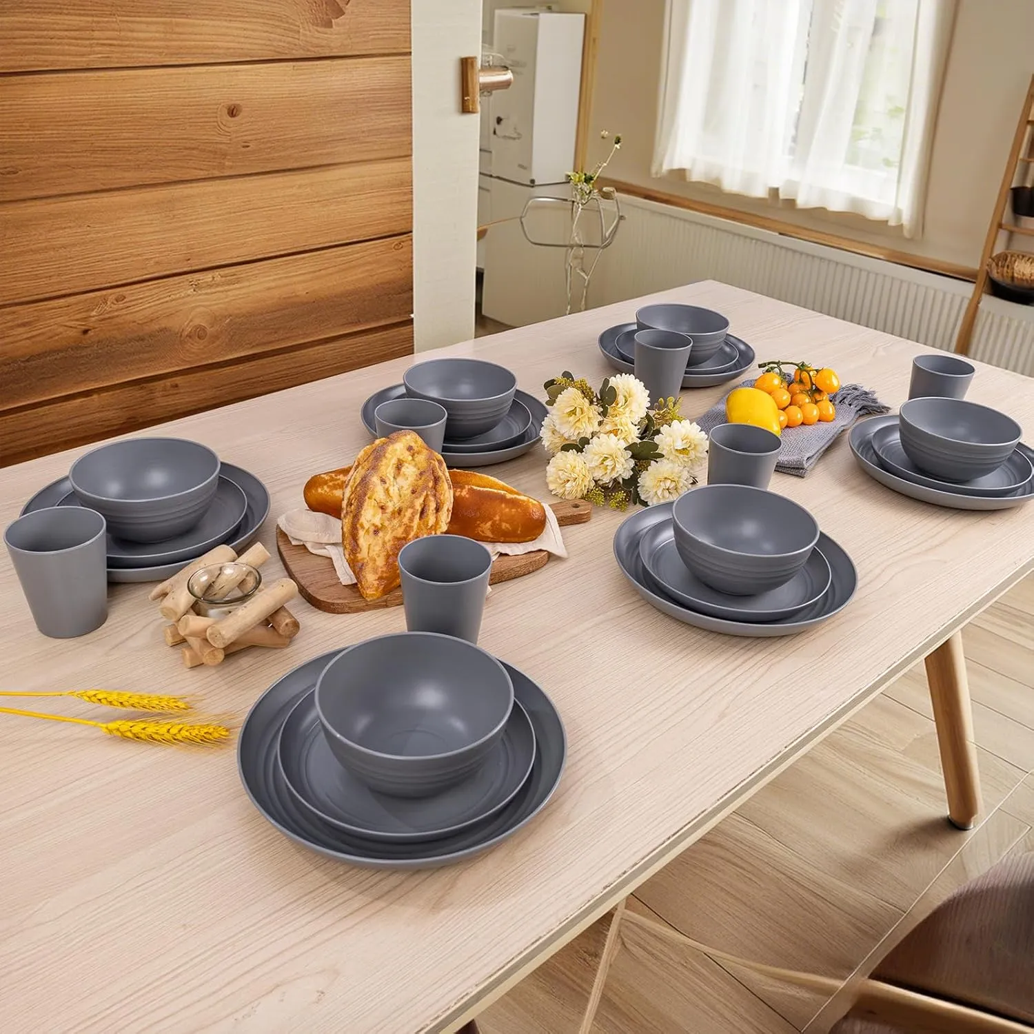 LIYH 24pcs Wheat Straw Dinnerware Sets - Unbreakable Dinnerware Sets for 6,Plates and Bowls Set Plastic Plates Reusable Straw Tableware Plates Dishes Set for 6 Dark Grey 12 Plates 6 Bowls 6 Cups