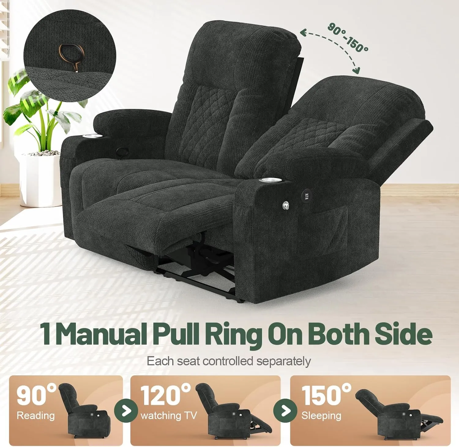 Loveseat Recliner Sofa, 2 Seater Reclining Loveseat Sofa, PU Leather Dual Recliner Chair, Modern Loveseat Couch for Living Room, with Cup Holder and 2 Cell Phone Holder, USB Ports, Gray