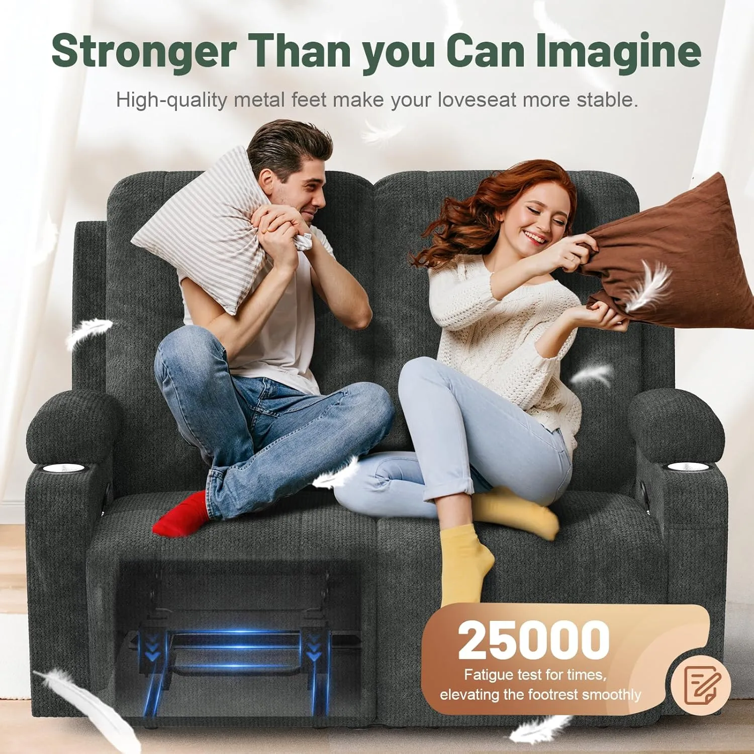 Loveseat Recliner Sofa, 2 Seater Reclining Loveseat Sofa, PU Leather Dual Recliner Chair, Modern Loveseat Couch for Living Room, with Cup Holder and 2 Cell Phone Holder, USB Ports, Gray