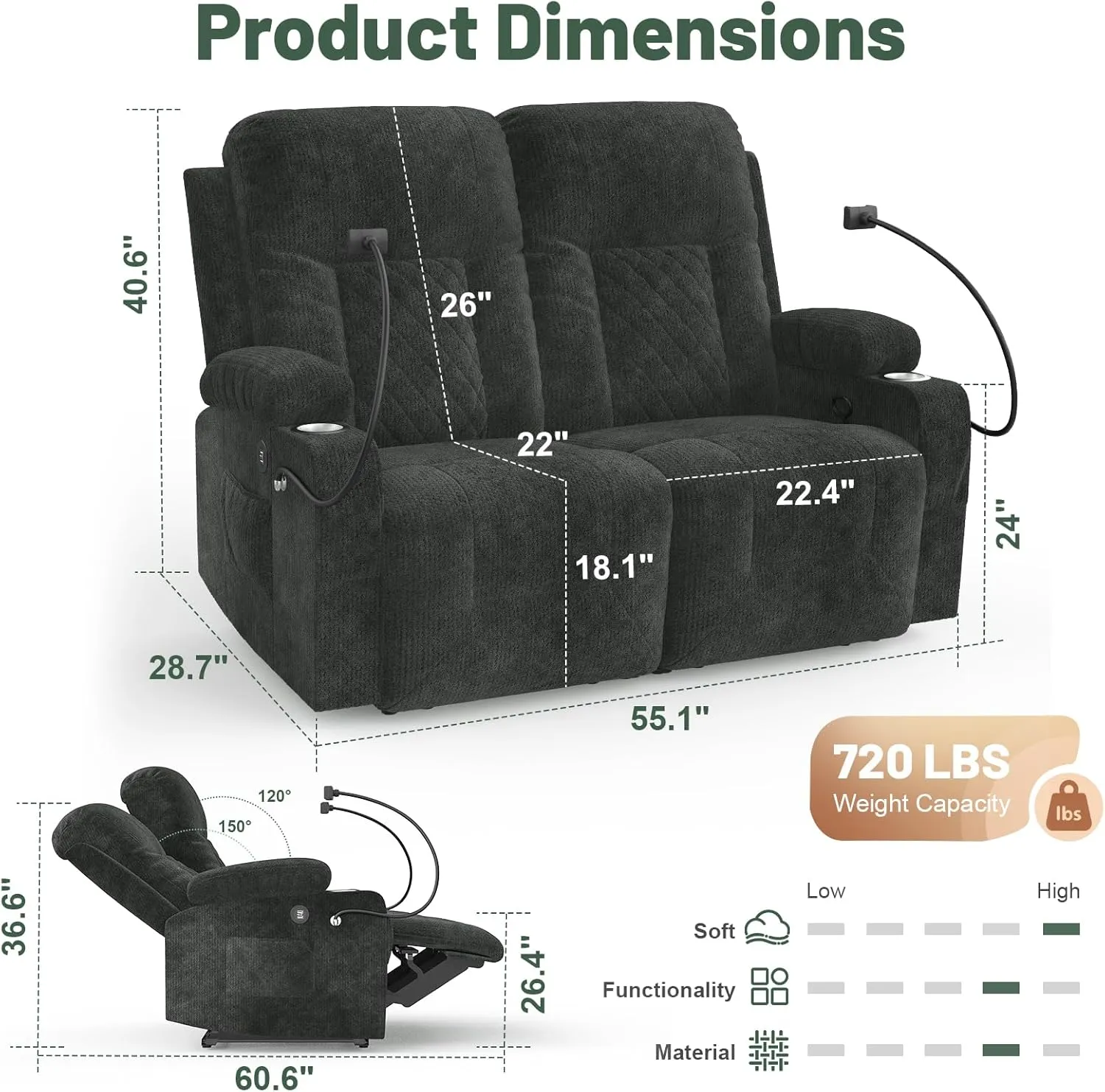 Loveseat Recliner Sofa, 2 Seater Reclining Loveseat Sofa, PU Leather Dual Recliner Chair, Modern Loveseat Couch for Living Room, with Cup Holder and 2 Cell Phone Holder, USB Ports, Gray