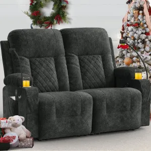 Loveseat Recliner Sofa, 2 Seater Reclining Loveseat Sofa, PU Leather Dual Recliner Chair, Modern Loveseat Couch for Living Room, with Cup Holder and 2 Cell Phone Holder, USB Ports, Gray