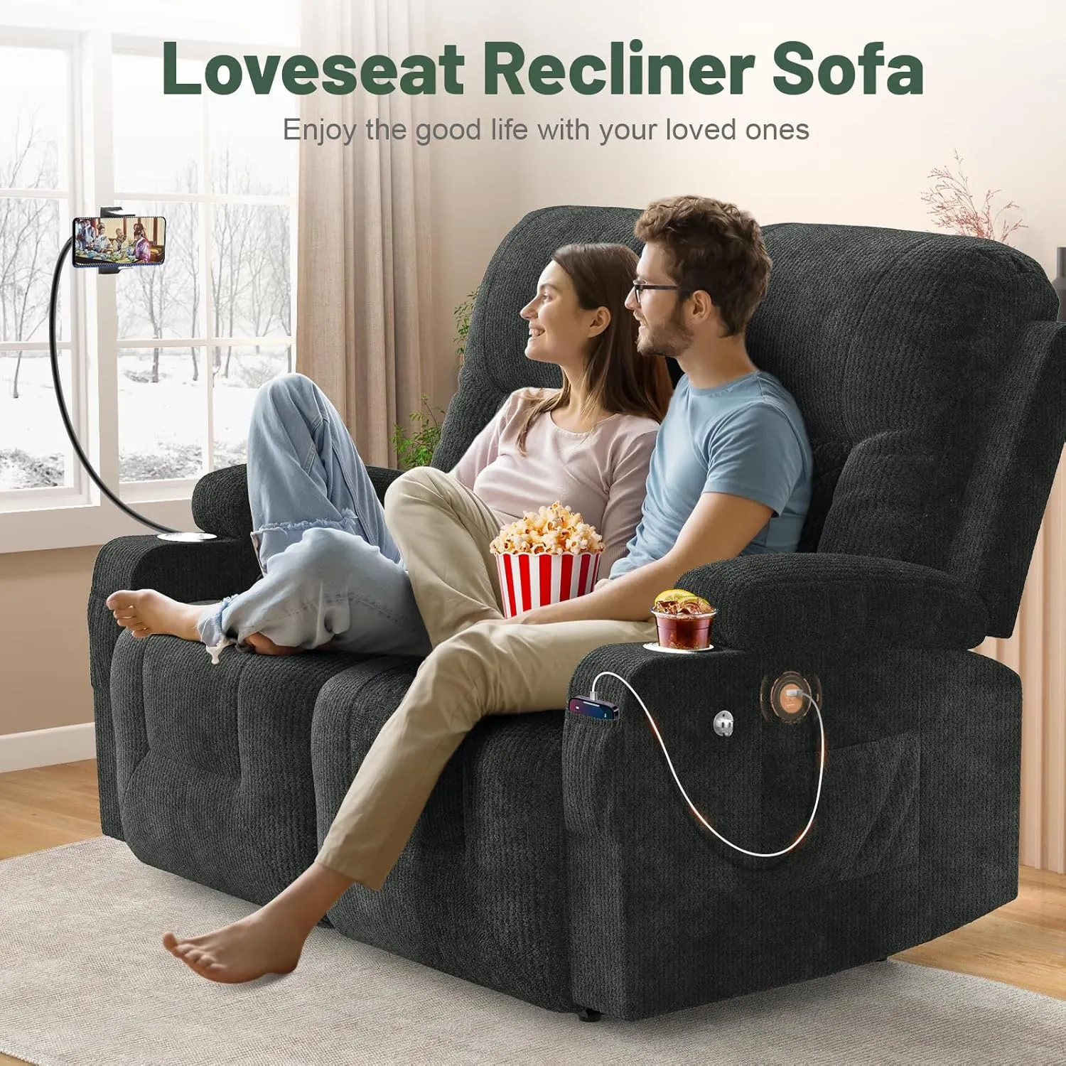 Loveseat Recliner Sofa, 2 Seater Reclining Loveseat Sofa, PU Leather Dual Recliner Chair, Modern Loveseat Couch for Living Room, with Cup Holder and 2 Cell Phone Holder, USB Ports, Gray