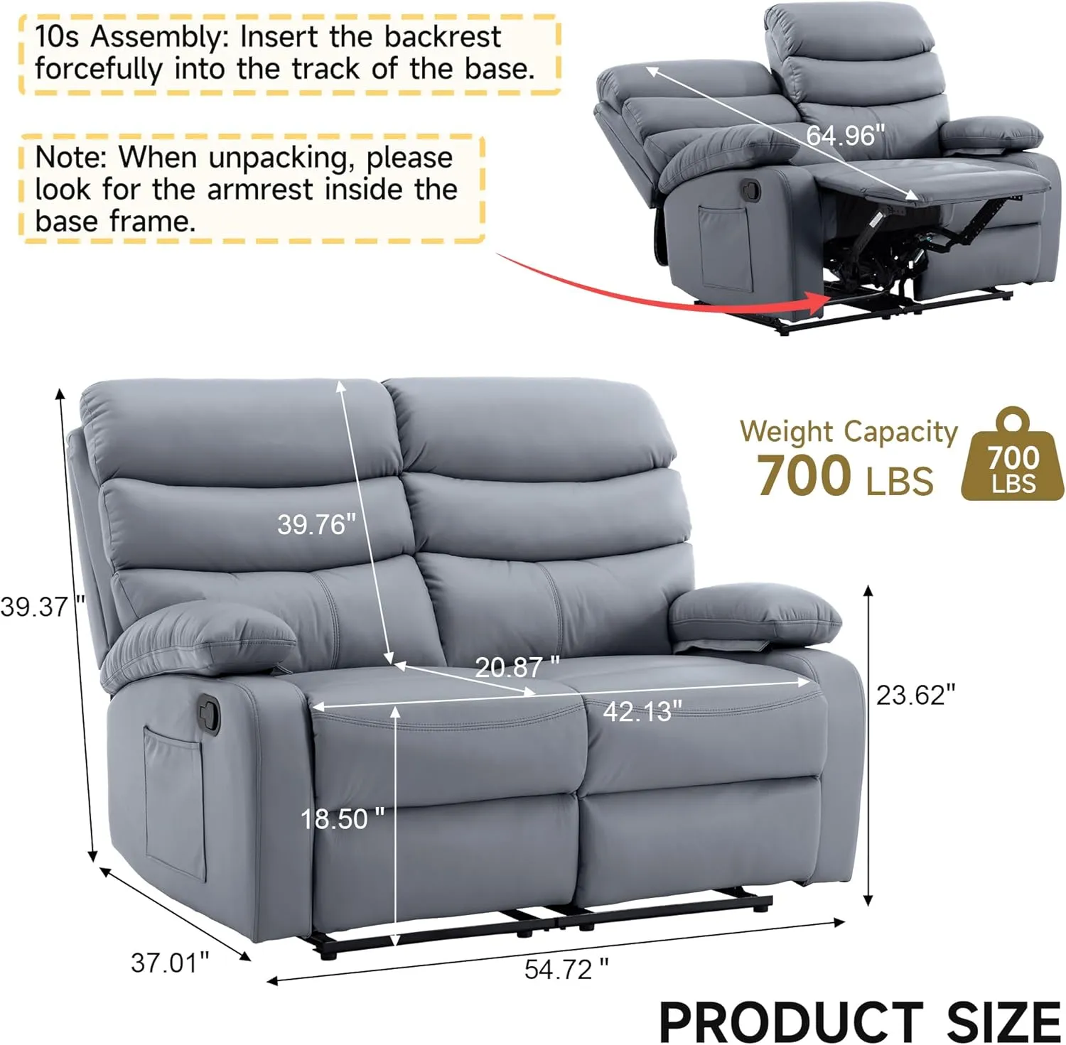 Loveseat Recliner Sofa, Small Sofa Couch, Leather Reclining Sofa 2-Seater Manual Double Seater Recliner, 2 Recliner Chair for Living Room, RV, Home Theater Seating(Grey, Loveseat)
