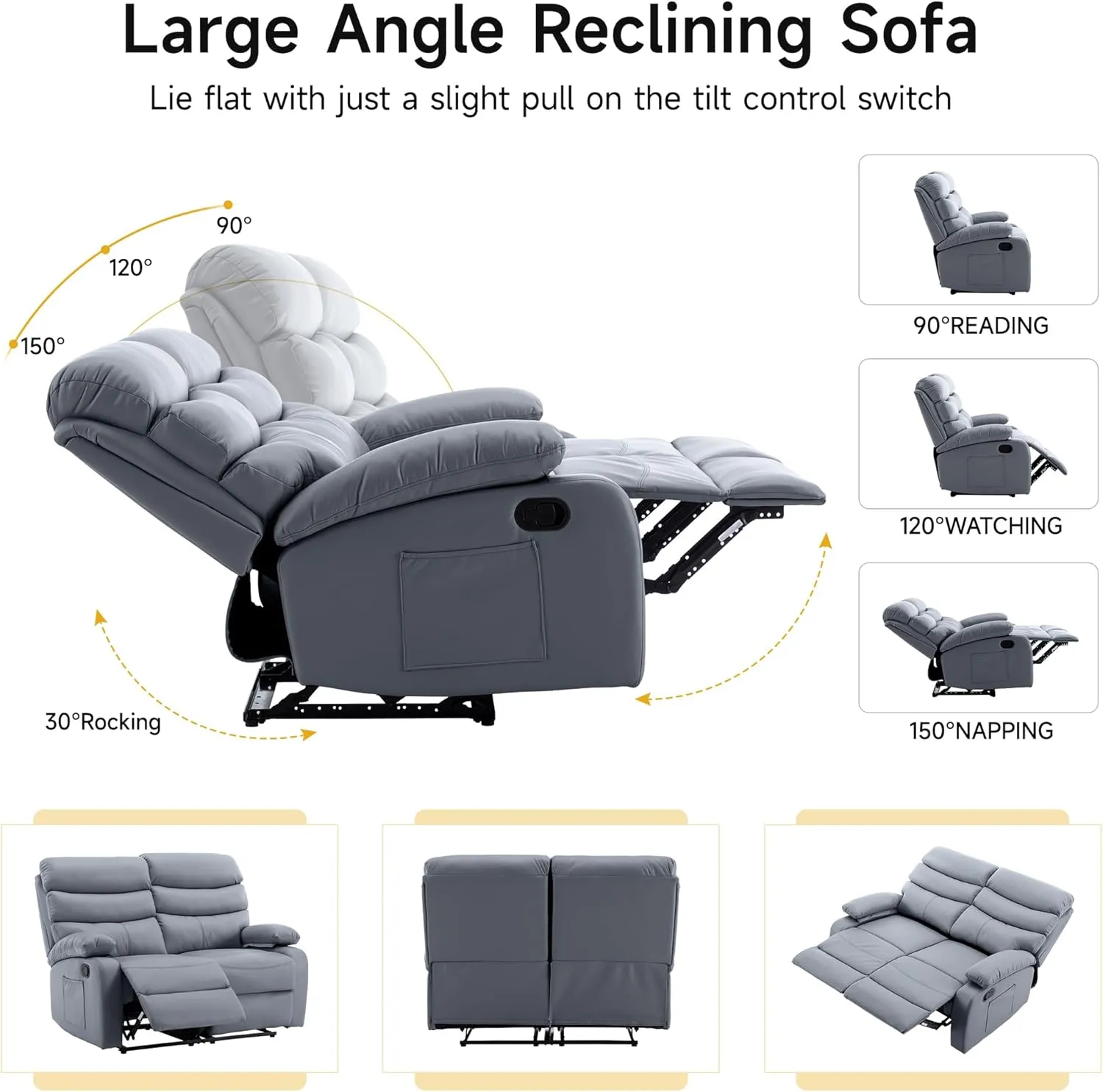 Loveseat Recliner Sofa, Small Sofa Couch, Leather Reclining Sofa 2-Seater Manual Double Seater Recliner, 2 Recliner Chair for Living Room, RV, Home Theater Seating(Grey, Loveseat)