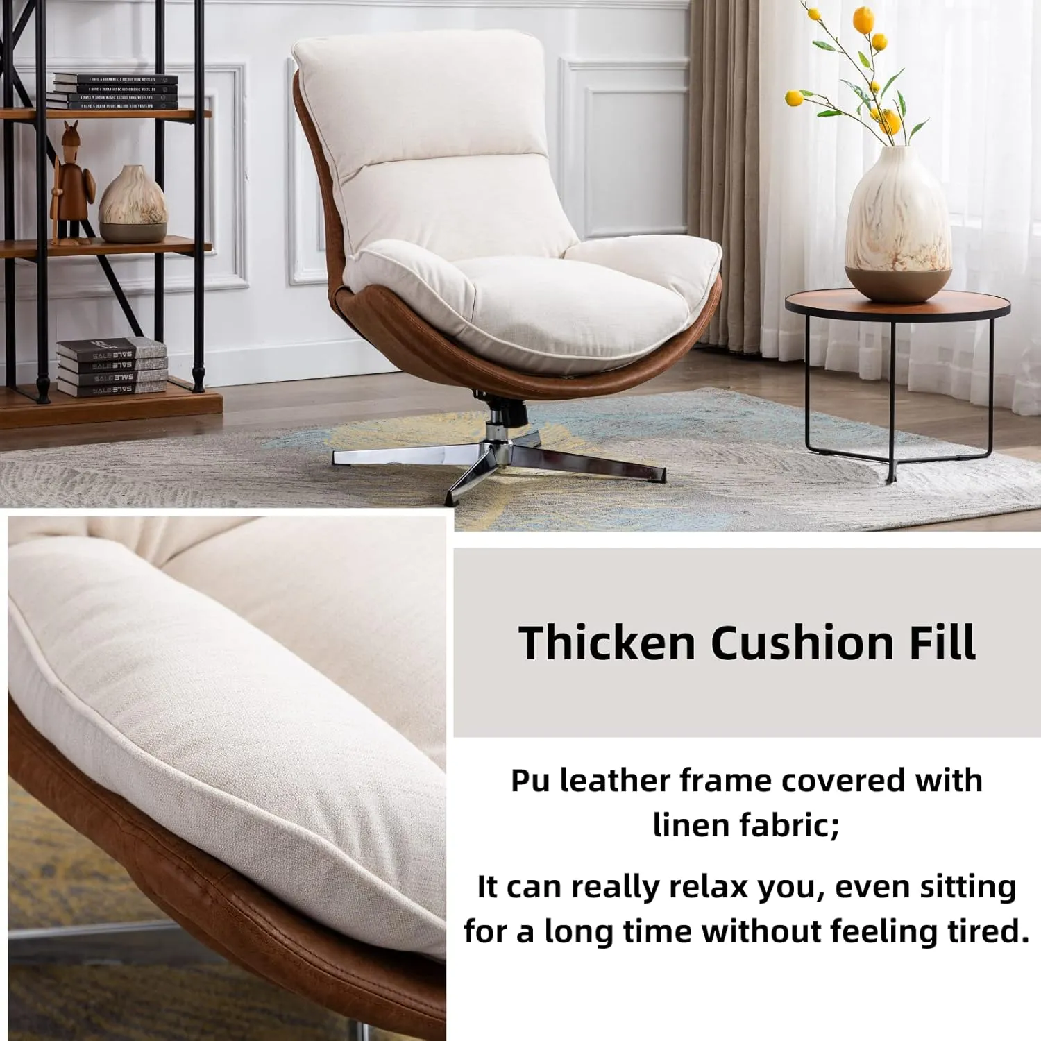 LukeAlon Linen Swivel Lounge Chair, Upholstered High Back Accent Chair with Metal Base Armelss Comfy Modern Recliner Chair for Living Room Office, Beige