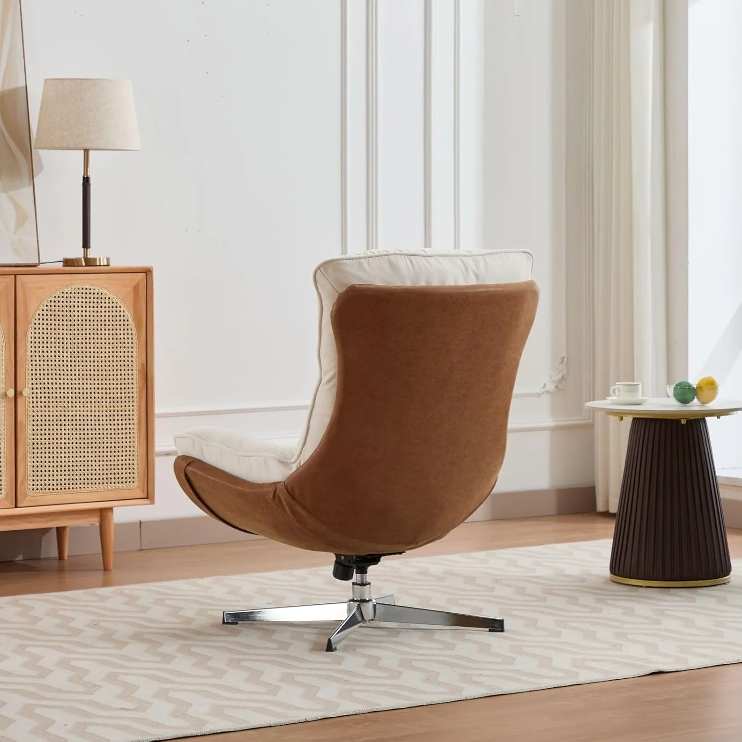 LukeAlon Linen Swivel Lounge Chair, Upholstered High Back Accent Chair with Metal Base Armelss Comfy Modern Recliner Chair for Living Room Office, Beige