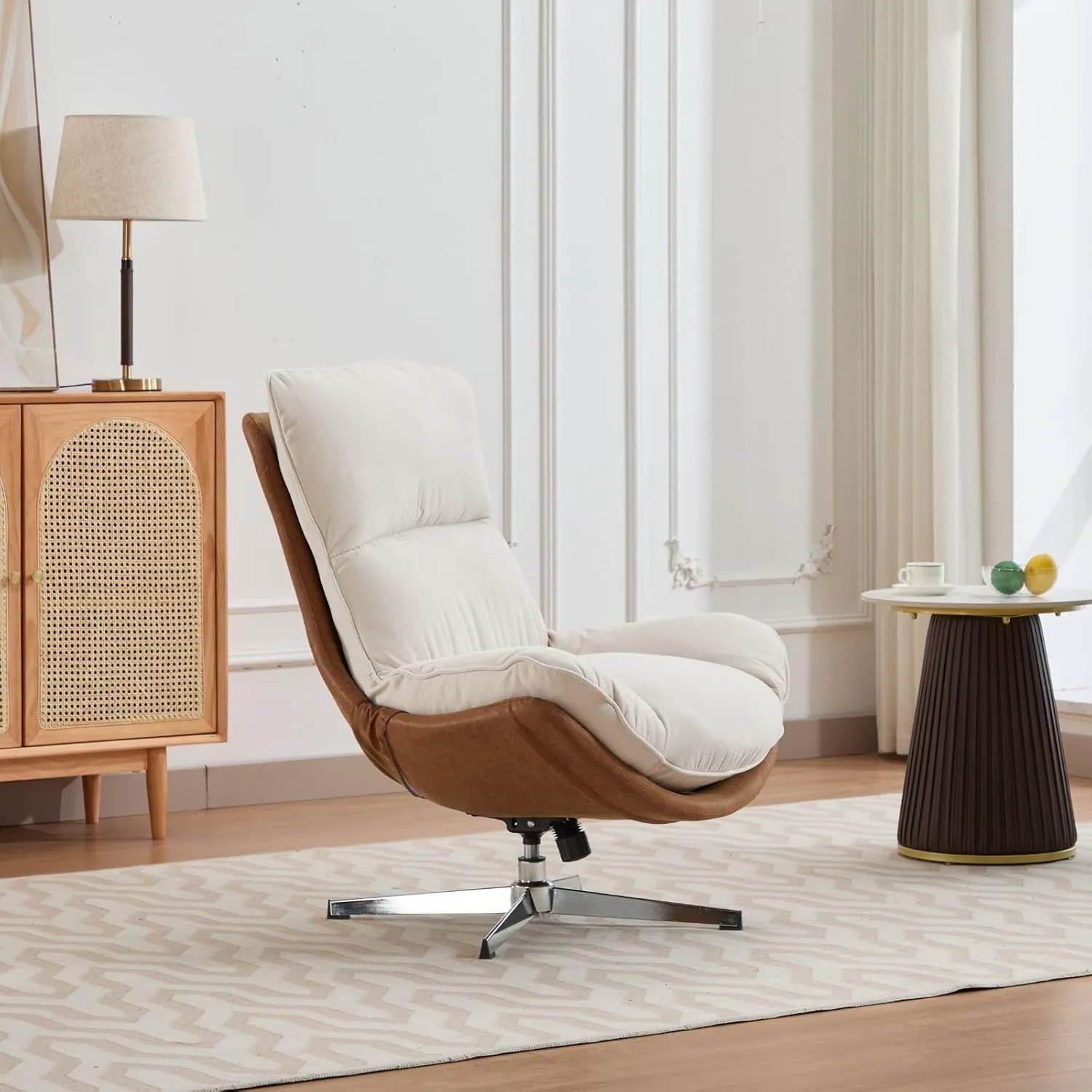LukeAlon Linen Swivel Lounge Chair, Upholstered High Back Accent Chair with Metal Base Armelss Comfy Modern Recliner Chair for Living Room Office, Beige