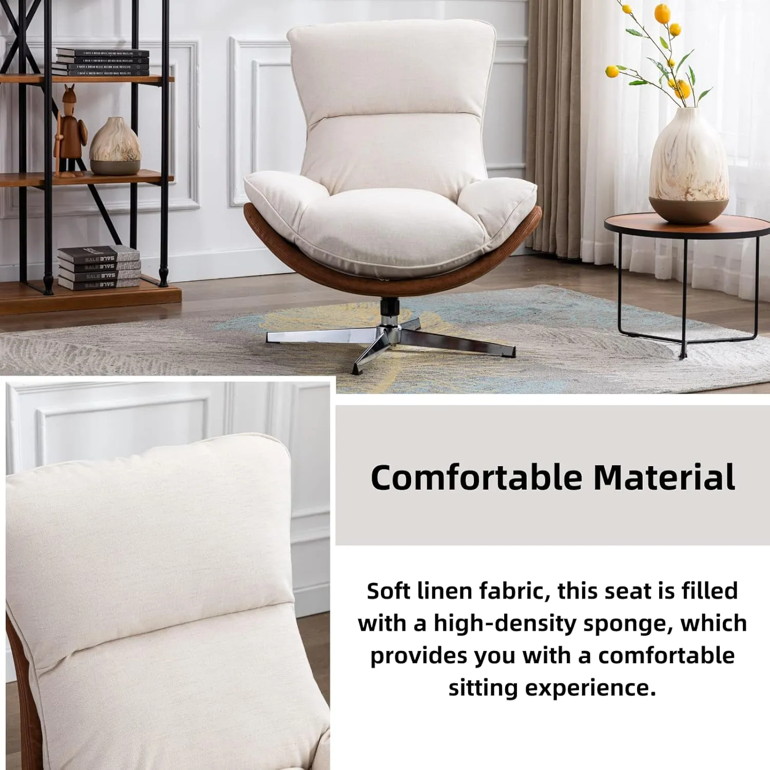 LukeAlon Linen Swivel Lounge Chair, Upholstered High Back Accent Chair with Metal Base Armelss Comfy Modern Recliner Chair for Living Room Office, Beige