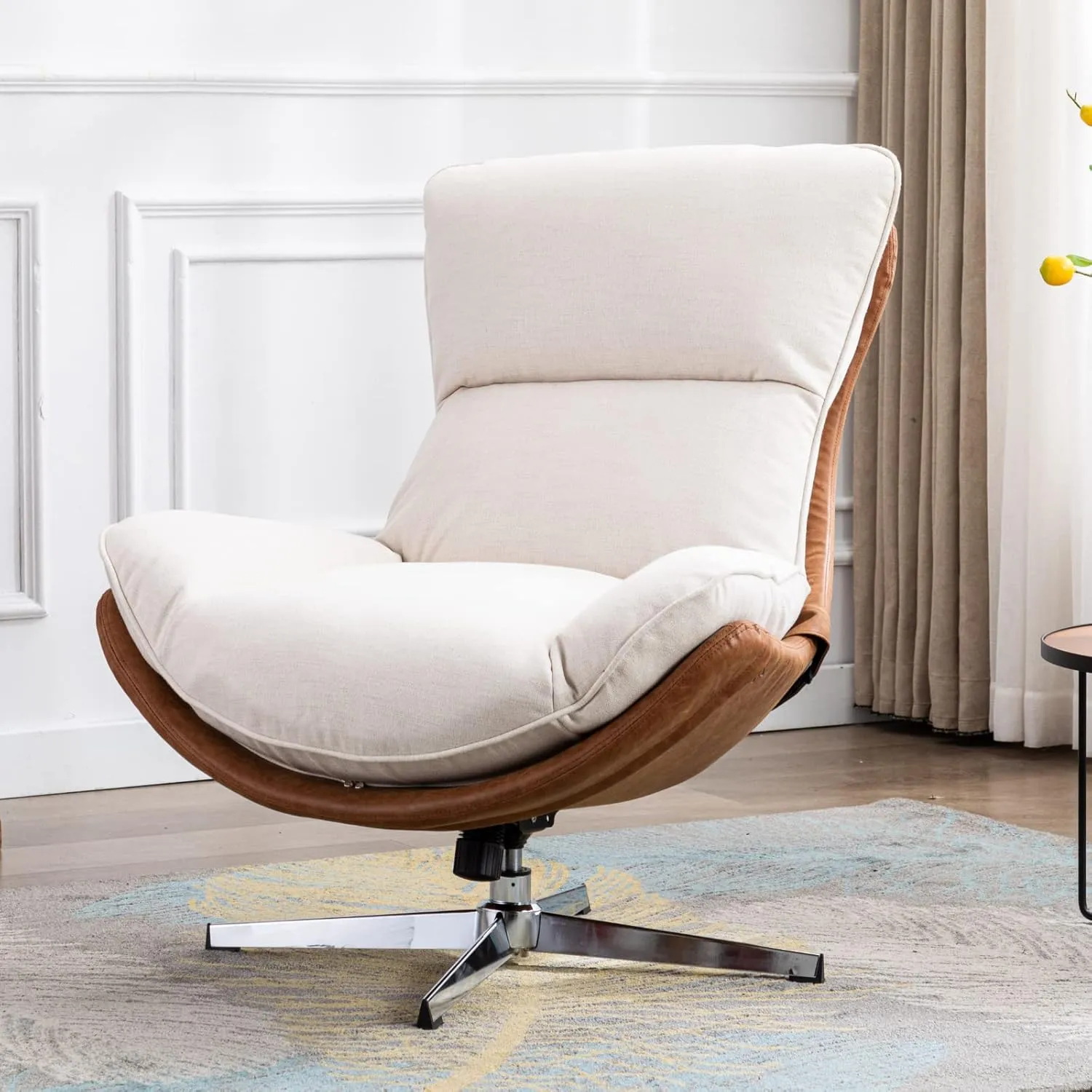LukeAlon Linen Swivel Lounge Chair, Upholstered High Back Accent Chair with Metal Base Armelss Comfy Modern Recliner Chair for Living Room Office, Beige