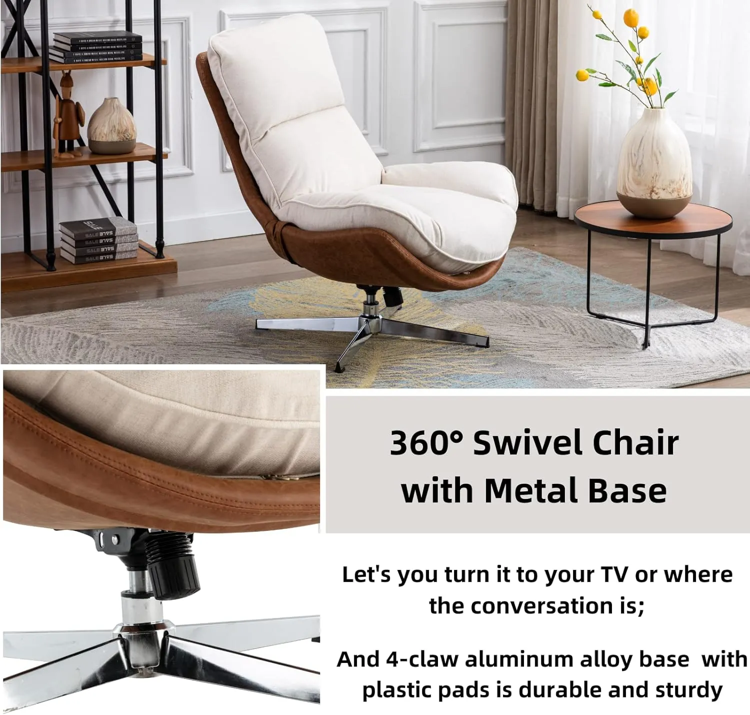 LukeAlon Linen Swivel Lounge Chair, Upholstered High Back Accent Chair with Metal Base Armelss Comfy Modern Recliner Chair for Living Room Office, Beige