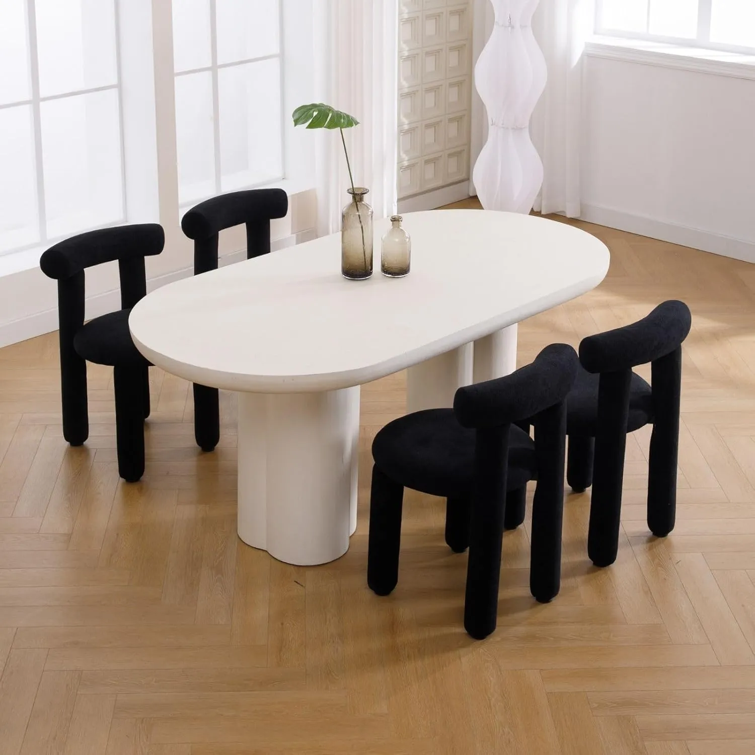 LukeAlon Modern Boucle Chairs Set of 2, Sherpa Upholstered Round Dining Chairs Armless with Curved Back Comfy Cute Side Chairs - Black