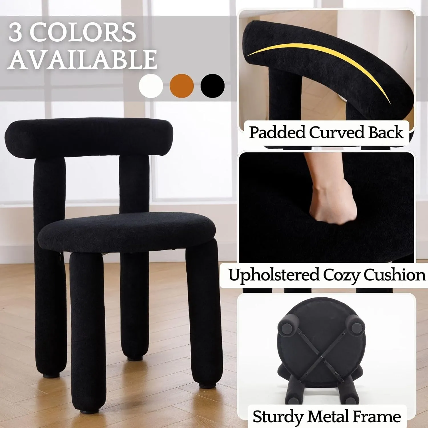 LukeAlon Modern Boucle Chairs Set of 2, Sherpa Upholstered Round Dining Chairs Armless with Curved Back Comfy Cute Side Chairs - Black