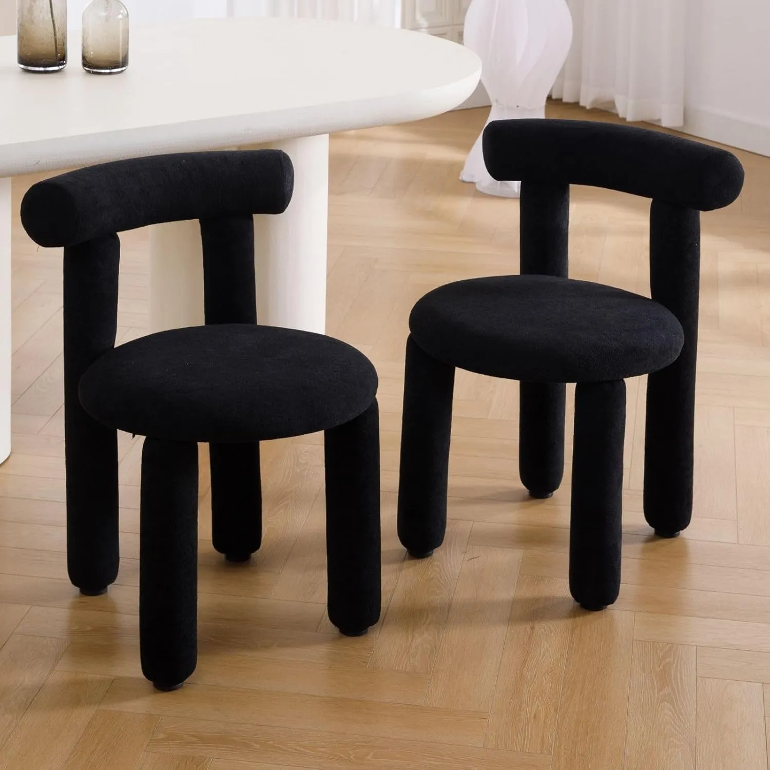 LukeAlon Modern Boucle Chairs Set of 2, Sherpa Upholstered Round Dining Chairs Armless with Curved Back Comfy Cute Side Chairs - Black