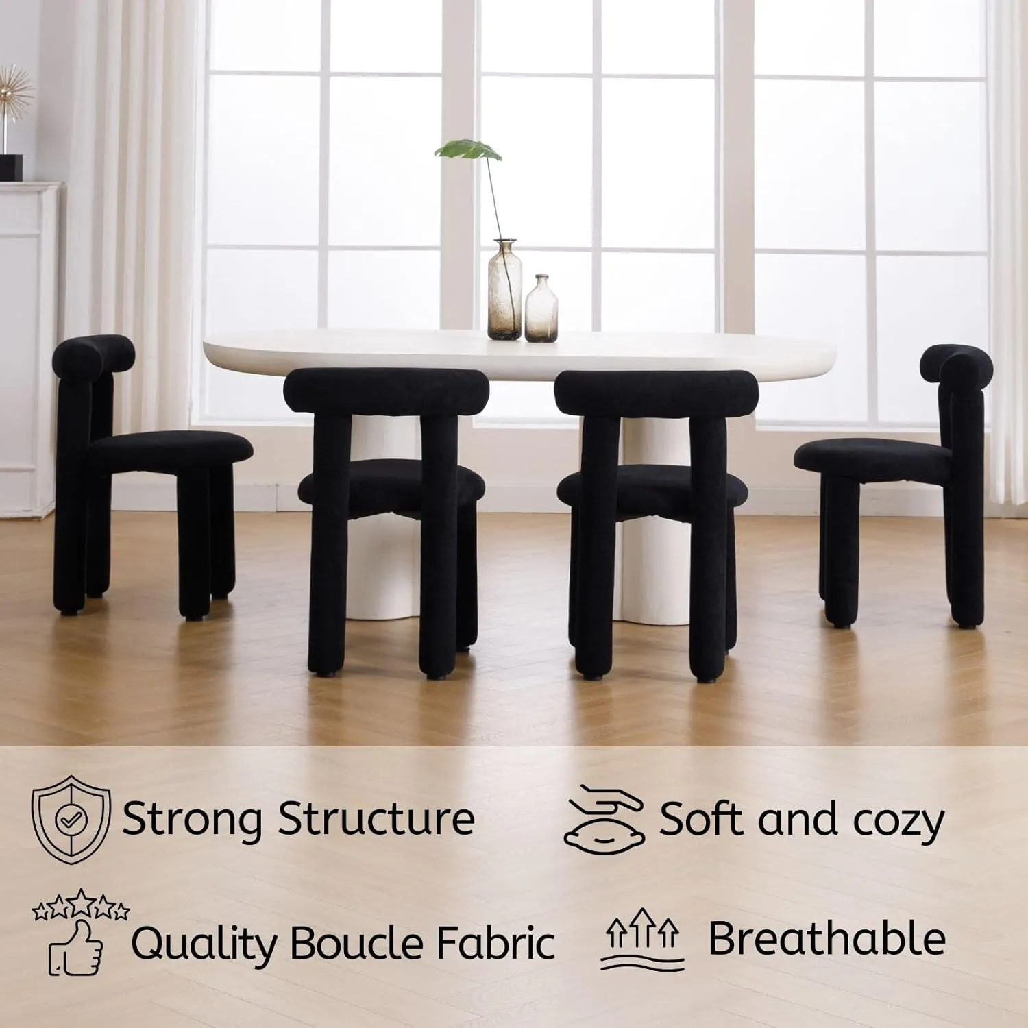 LukeAlon Modern Boucle Chairs Set of 2, Sherpa Upholstered Round Dining Chairs Armless with Curved Back Comfy Cute Side Chairs - Black