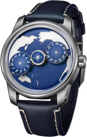 Luxury World Map Watch, Blue Dial with Compass Design, Navy Leather Band, Stainless Steel Case