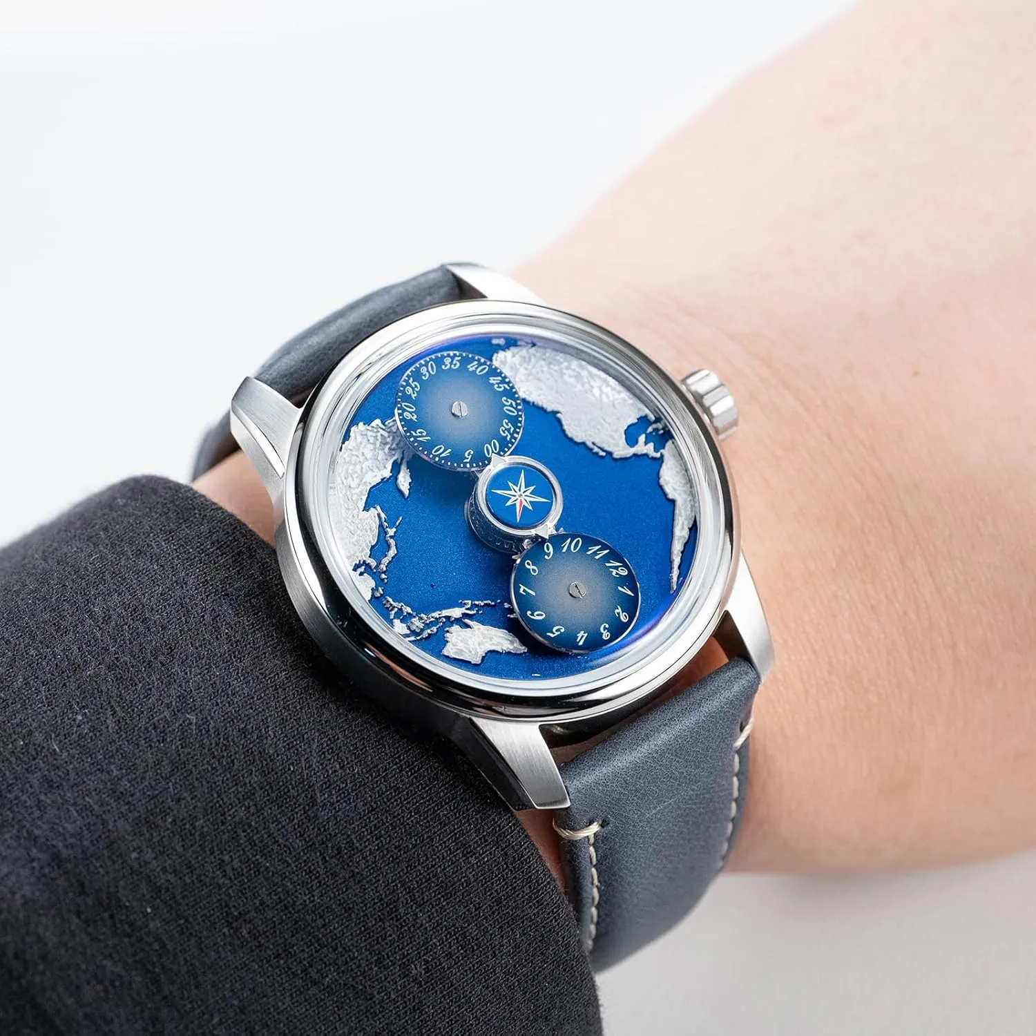 Luxury World Map Watch, Blue Dial with Compass Design, Navy Leather Band, Stainless Steel Case
