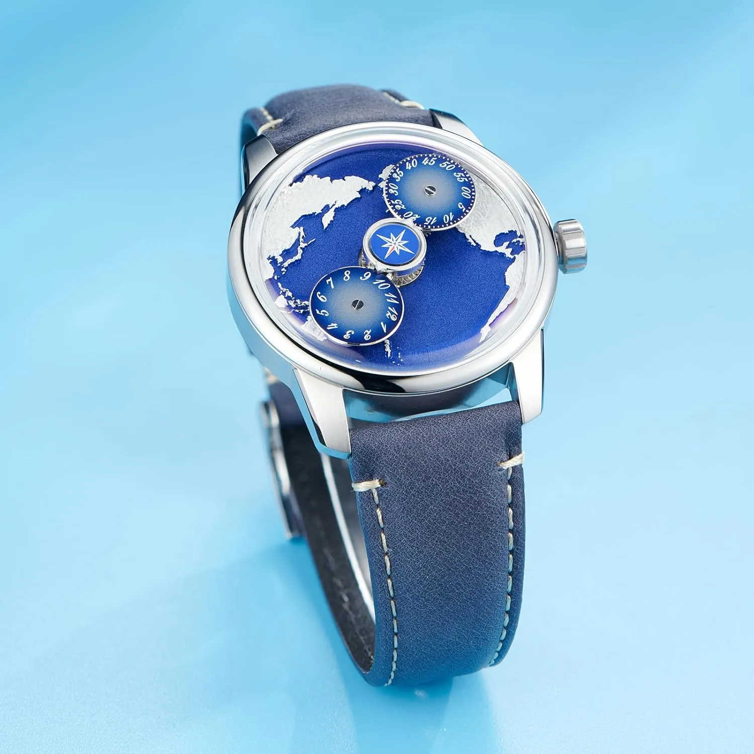 Luxury World Map Watch, Blue Dial with Compass Design, Navy Leather Band, Stainless Steel Case