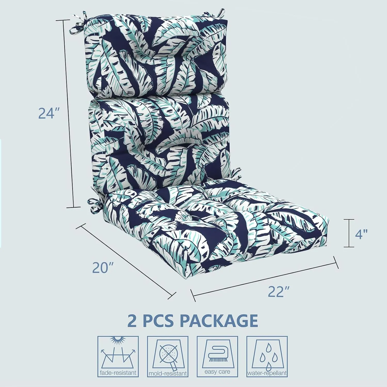 LVTXIII 2 Pack Outdoor/Indoor High Back Chair Cushions, Deep Seat Patio Seat and Back Cushion Set, Stuffed High Rebound Foam Rocking Chair Cushions, 44"x22"x4", Baltic Palms White
