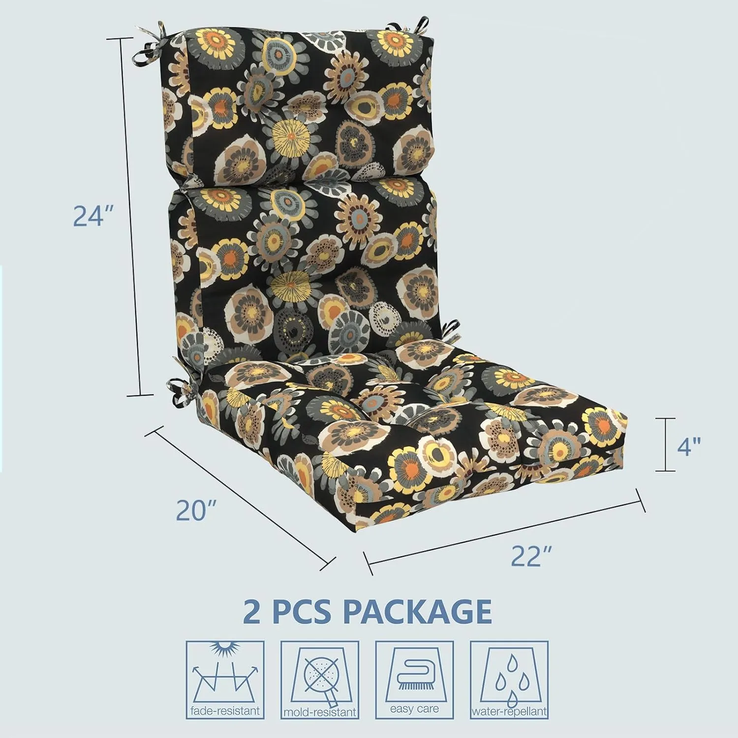 LVTXIII 2 Pack Outdoor/Indoor High Back Chair Cushions, Deep Seat Patio Seat and Back Cushion Set, Stuffed High Rebound Foam Rocking Chair Cushions, 44"x22"x4", Black Yellow Crosby