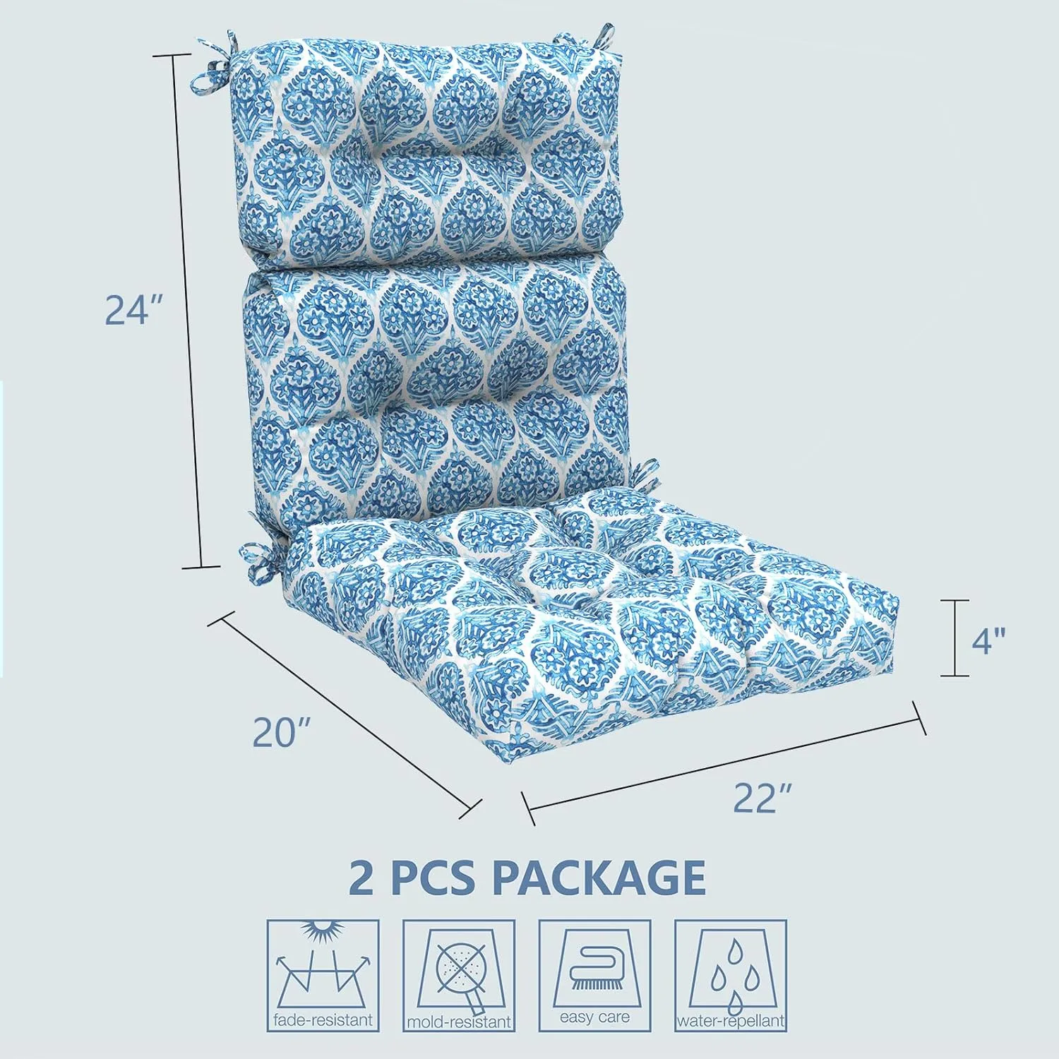 LVTXIII 2 Pack Outdoor/Indoor High Back Chair Cushions, Deep Seat Patio Seat and Back Cushion Set, Stuffed High Rebound Foam Rocking Chair Cushions, 44"x22"x4", Celadon Geometric