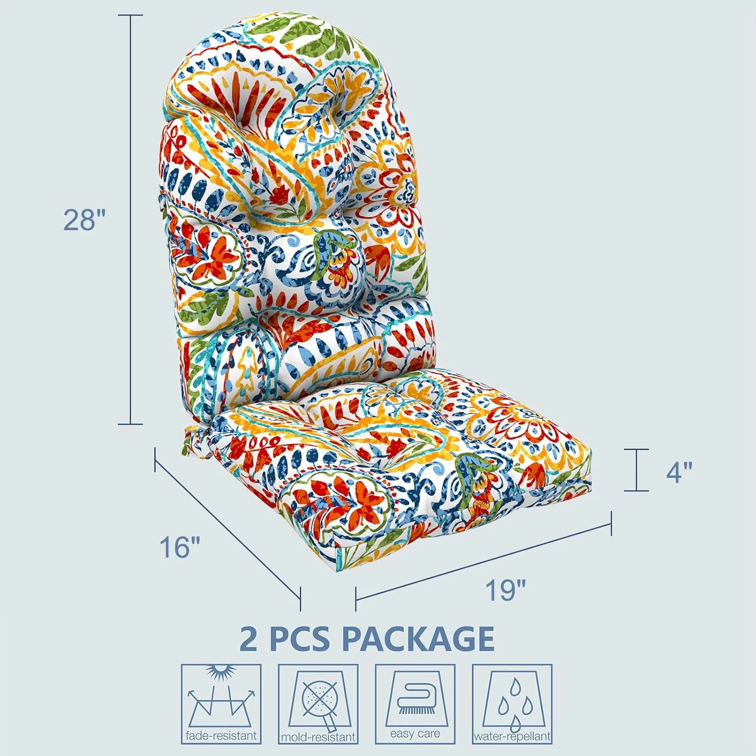 LVTXIII Outdoor Adirondack Chair Cushions, 44x19x4 Inch Non-Slip High Back Rocking Chair Cushion, Tufted Patio Lounge Cushion Seat Cushion, Set of 2, Paisley Multi