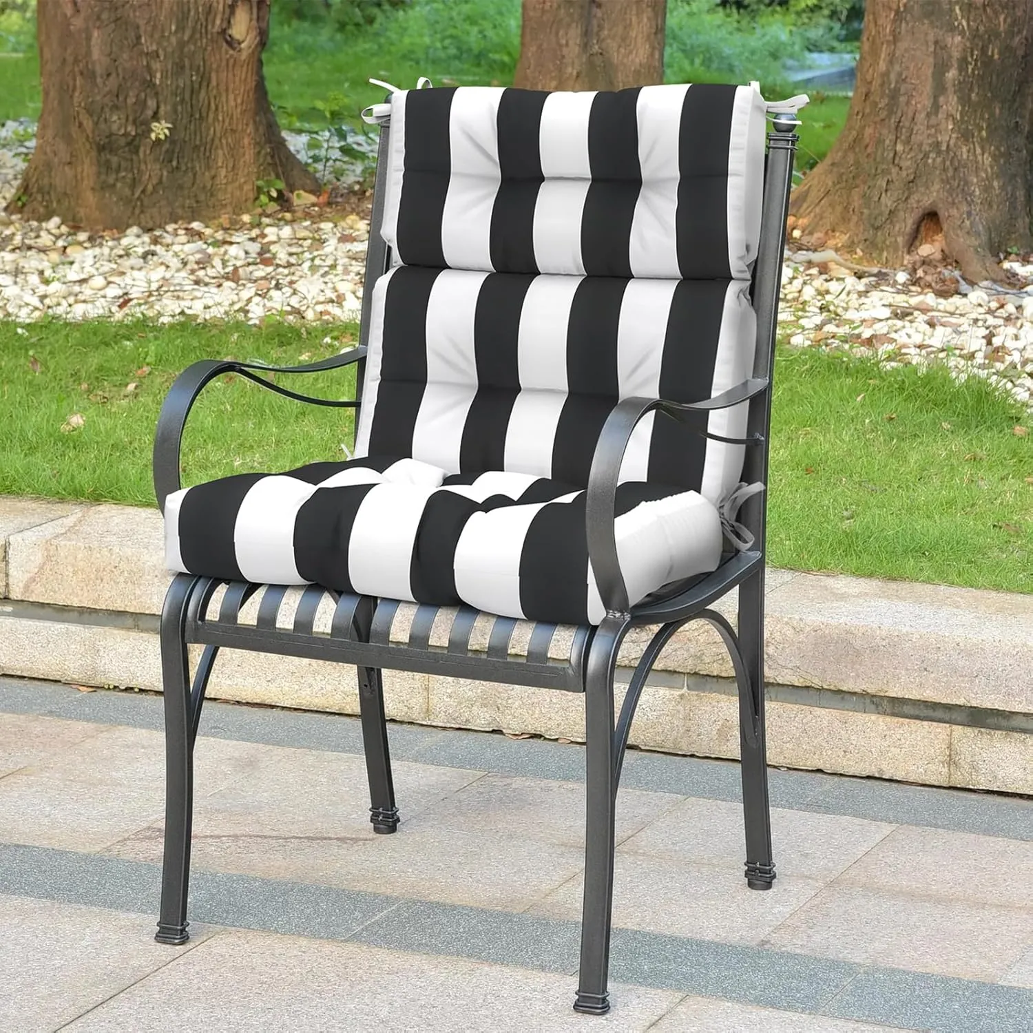LVTXIII Outdoor Seat/Back Chair Cushion Patio Tufted High Back Cushion, Seasonal Replacement Rocking Chair Cushion with Ties (22" W x 20D, Set of 2, Cabana Black)