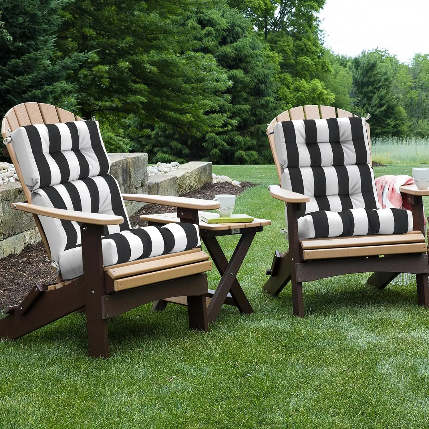LVTXIII Outdoor Seat/Back Chair Cushion Patio Tufted High Back Cushion, Seasonal Replacement Rocking Chair Cushion with Ties (22" W x 20D, Set of 2, Cabana Black)