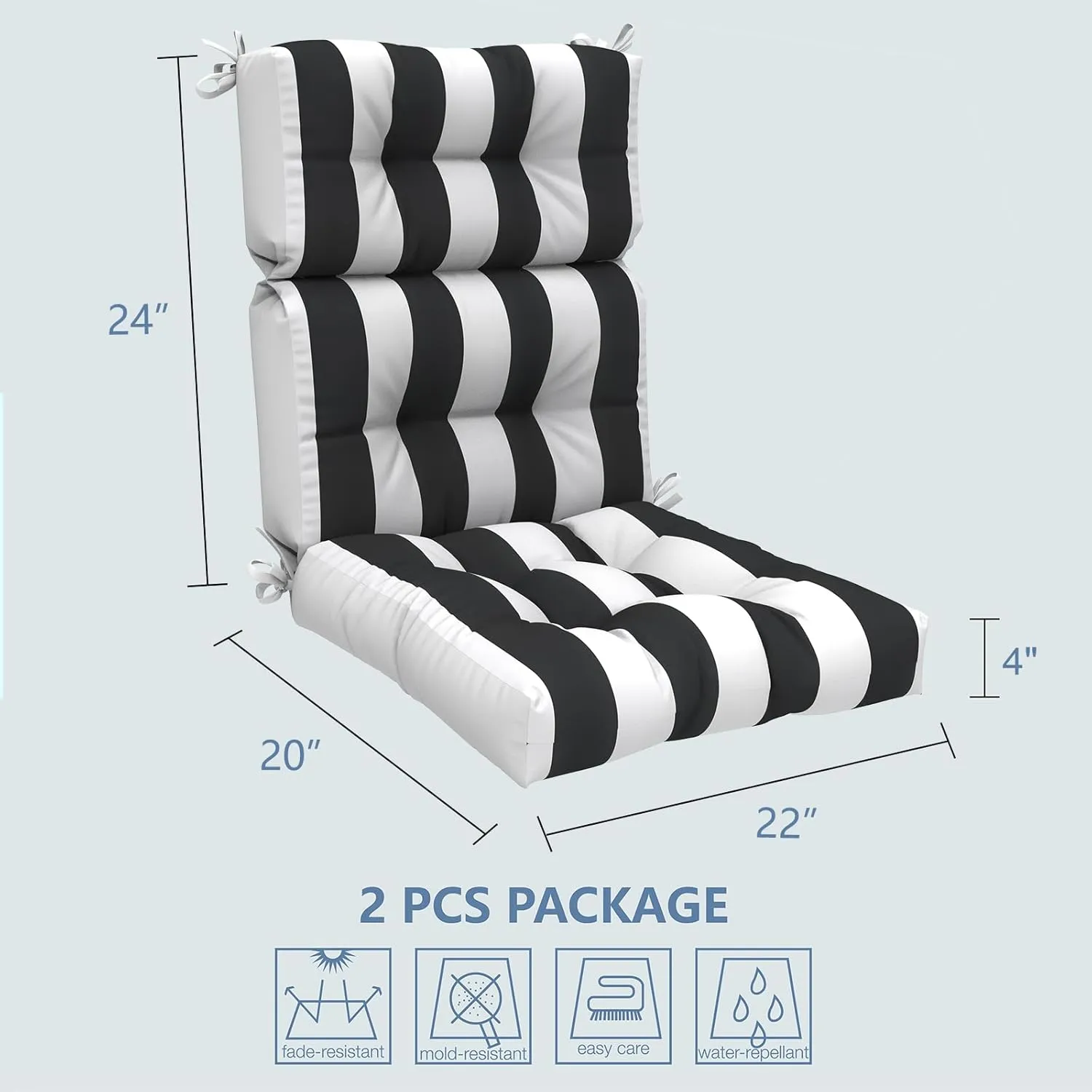 LVTXIII Outdoor Seat/Back Chair Cushion Patio Tufted High Back Cushion, Seasonal Replacement Rocking Chair Cushion with Ties (22" W x 20D, Set of 2, Cabana Black)