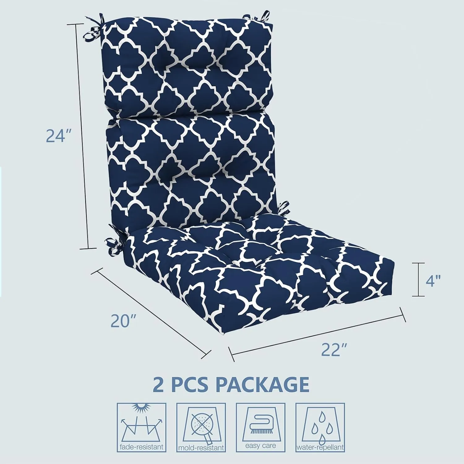 LVTXIII Outdoor Seat/Back Chair Cushion Patio Tufted High Back Cushion, Seasonal Replacement Rocking Chair Cushion with Ties (22" W x 20D, Set of 2, Geomentry Navy)