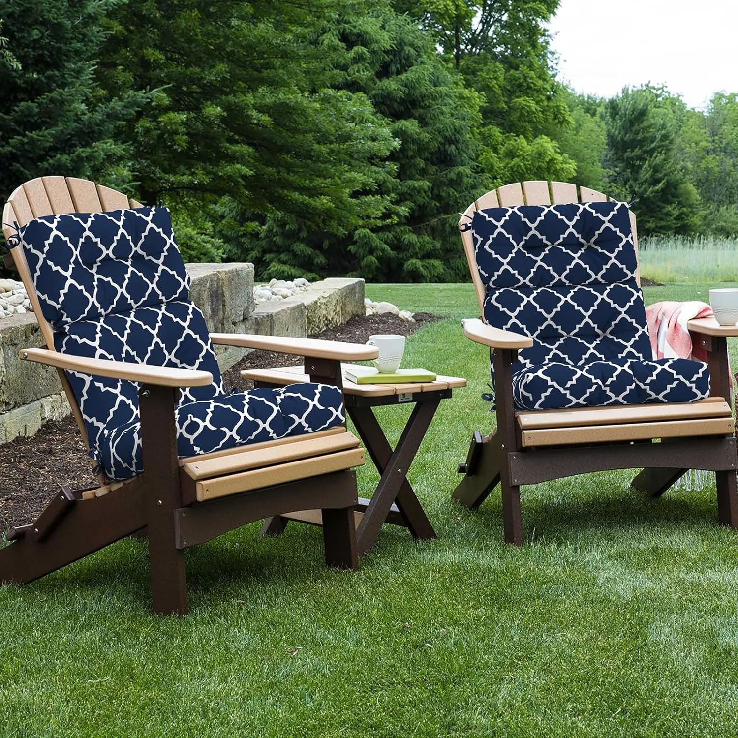 LVTXIII Outdoor Seat/Back Chair Cushion Patio Tufted High Back Cushion, Seasonal Replacement Rocking Chair Cushion with Ties (22" W x 20D, Set of 2, Geomentry Navy)