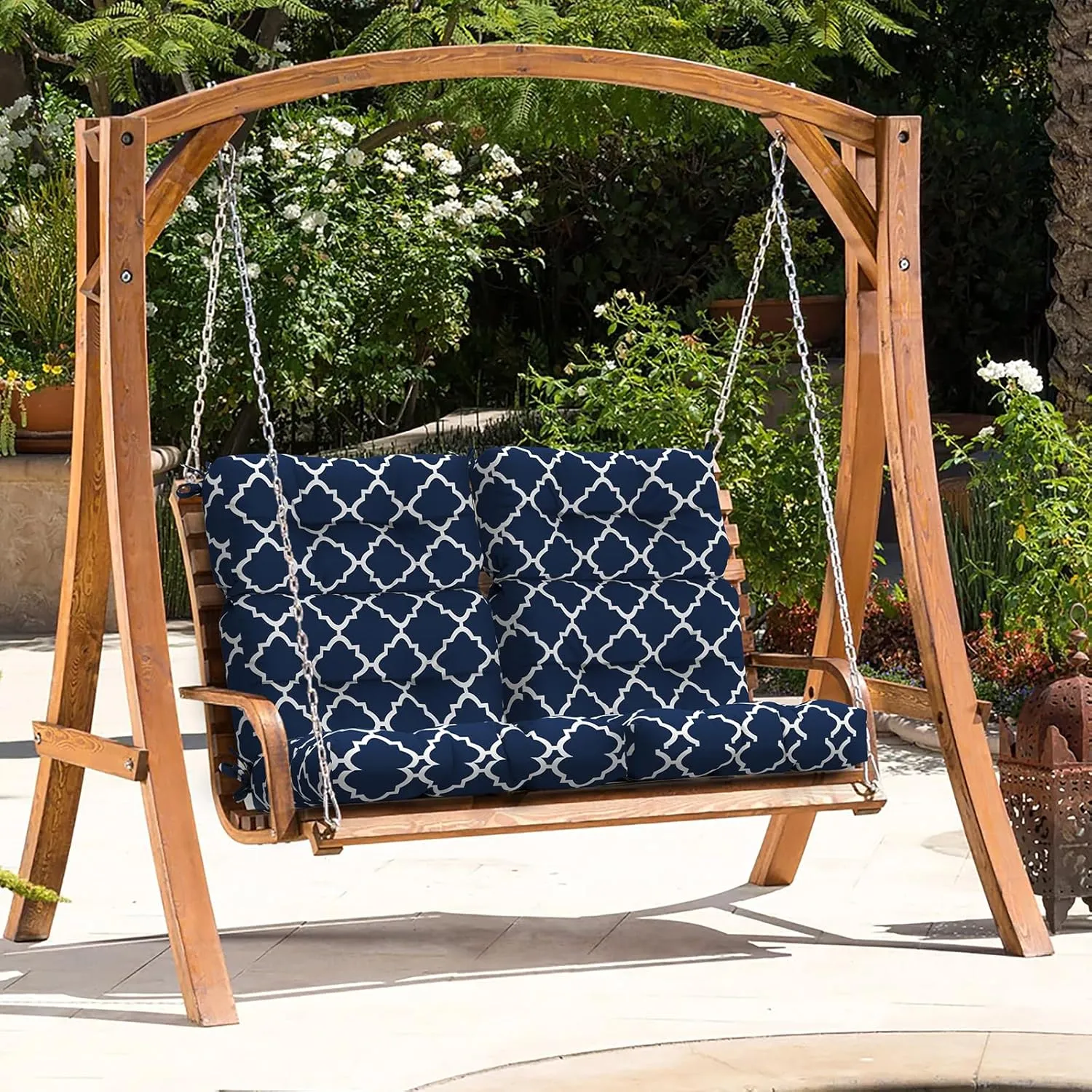 LVTXIII Outdoor Seat/Back Chair Cushion Patio Tufted High Back Cushion, Seasonal Replacement Rocking Chair Cushion with Ties (22" W x 20D, Set of 2, Geomentry Navy)