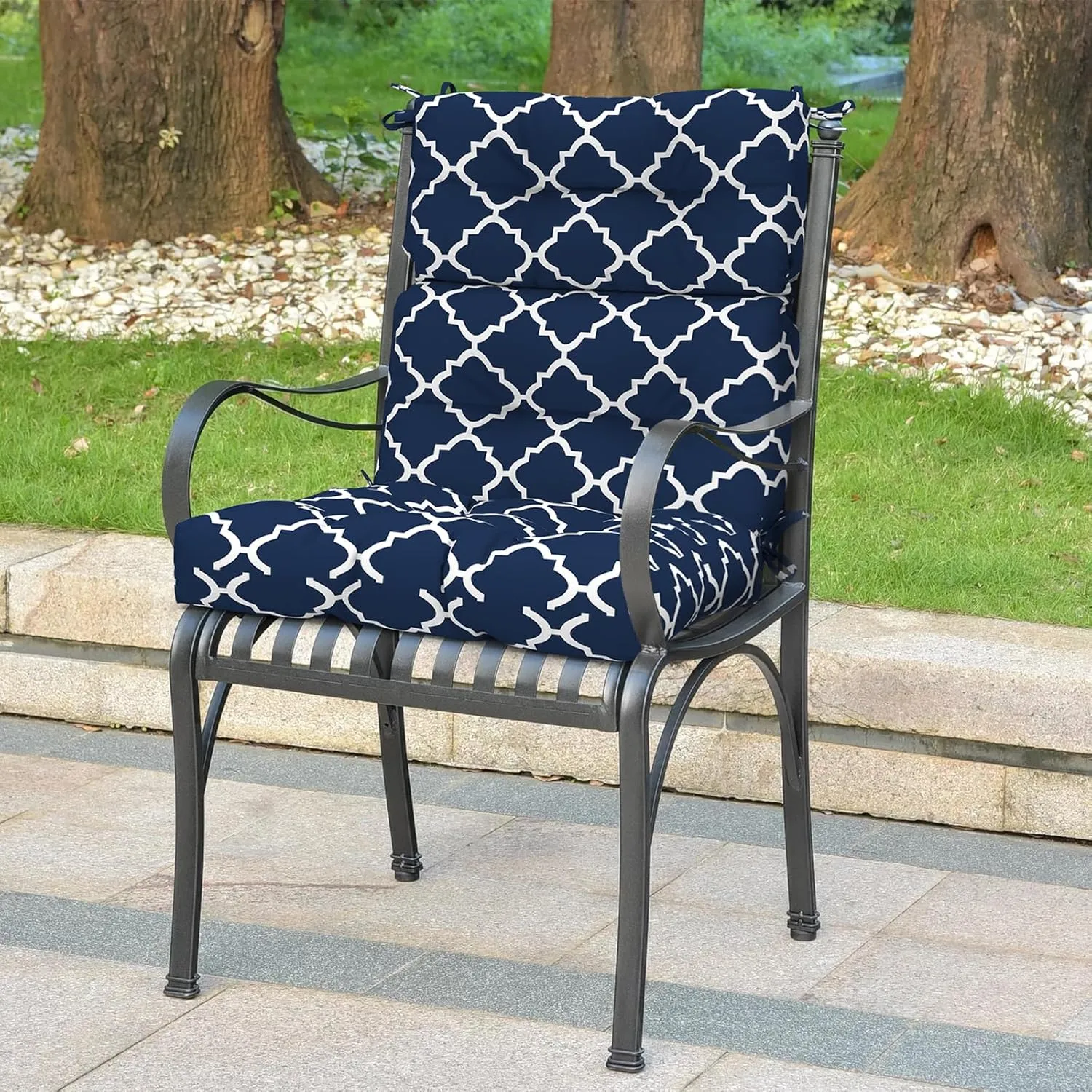 LVTXIII Outdoor Seat/Back Chair Cushion Patio Tufted High Back Cushion, Seasonal Replacement Rocking Chair Cushion with Ties (22" W x 20D, Set of 2, Geomentry Navy)