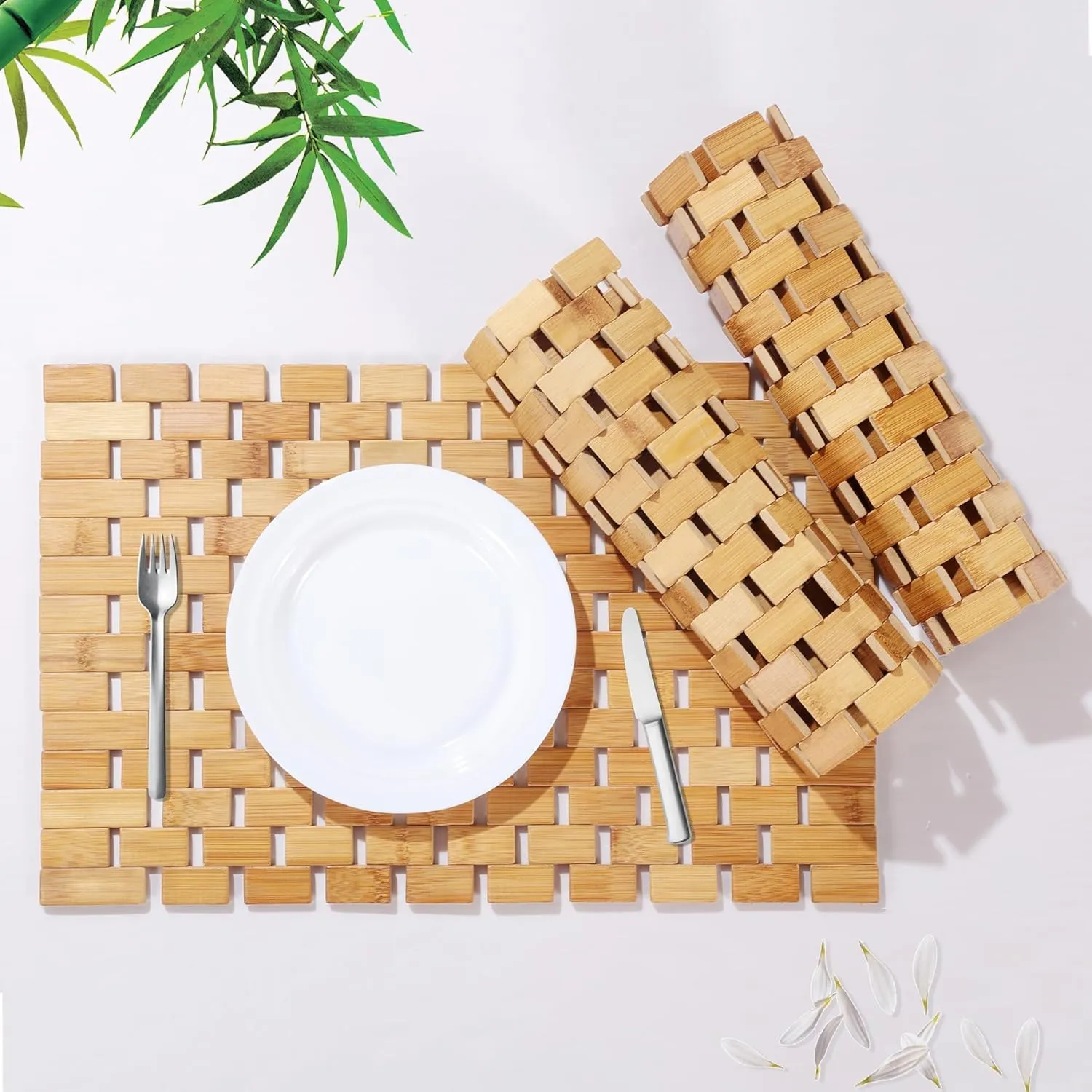 MABOZOO Bamboo Placemats,Thick Farmhouse Rolling Place Mat for Table Protection,Anti-Slip and Heat-Resistant Table Mat for Kitchen, Dinning Room (6 Pcs)