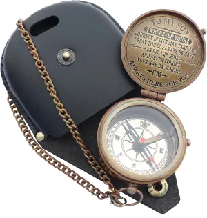 MADSNIIB Brass Engraved Nautical Compass with Leather Case, Antique Gift for Birthday, Wedding, Anniversary, Christmas, Valentine, Portable Compass for Hiking (To my dear son Engraved Antique Compass)