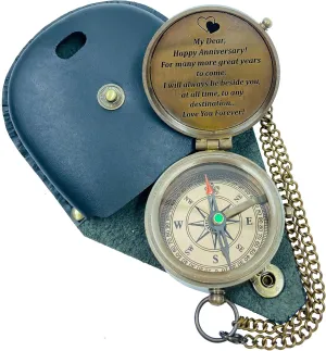 MADSNIIB Brass Engraved Nautical Compass with Leather Case, Antique Gift for Birthday, Wedding, Anniversary, Christmas, Valentine, Portable Compass for Hiking