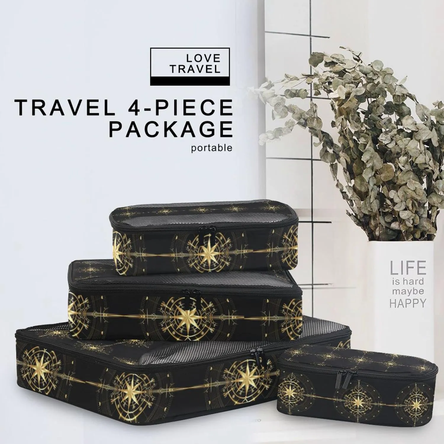 Magic Ancient Wind Rose Magic Navigation Gold Compass 4 PCs Set Packing Bags, Luggage Organizer Bag, Portable Cube Toiletry bag, Durable Travel Cosmetic Storage Bag for Men Women