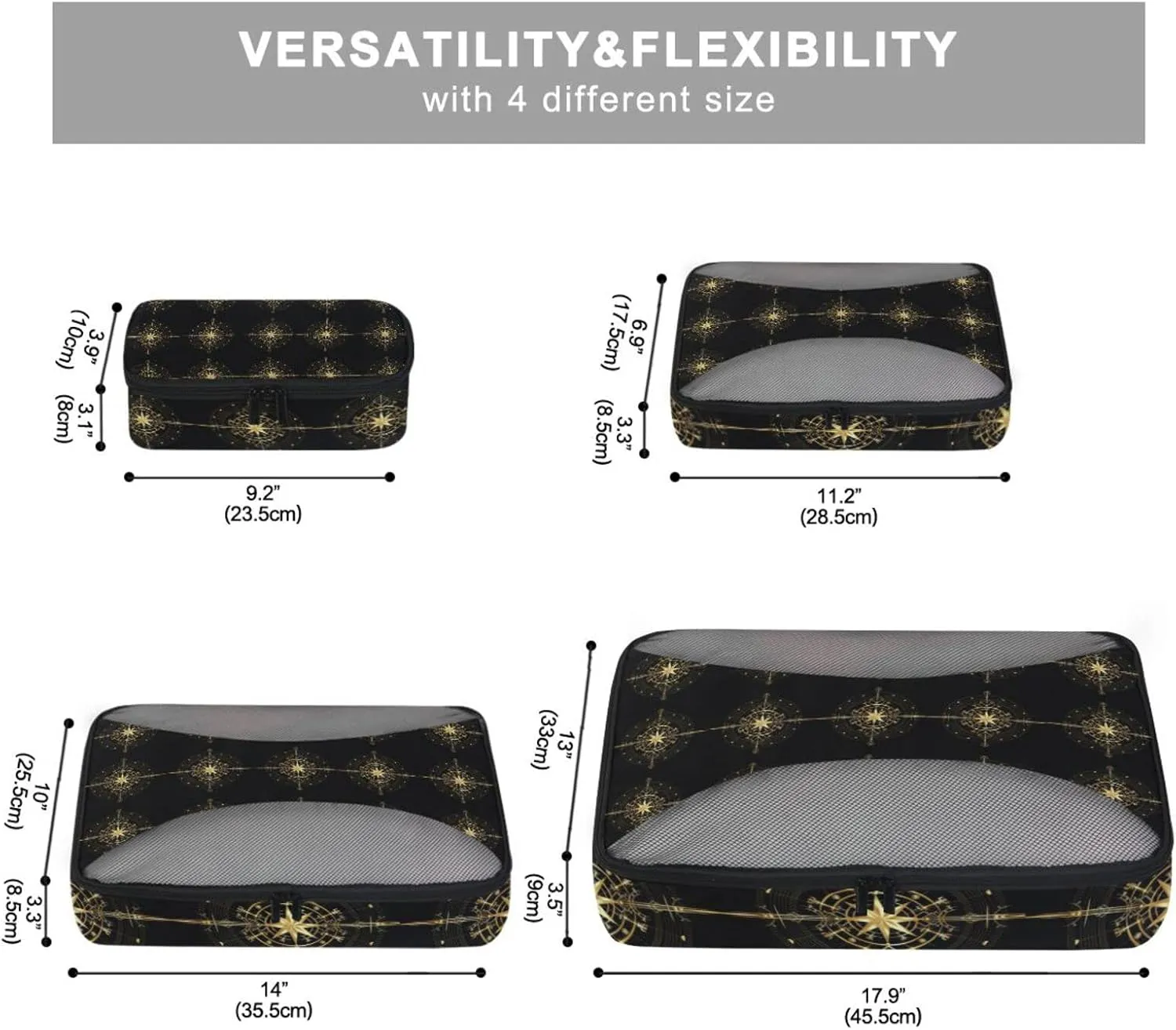 Magic Ancient Wind Rose Magic Navigation Gold Compass 4 PCs Set Packing Bags, Luggage Organizer Bag, Portable Cube Toiletry bag, Durable Travel Cosmetic Storage Bag for Men Women