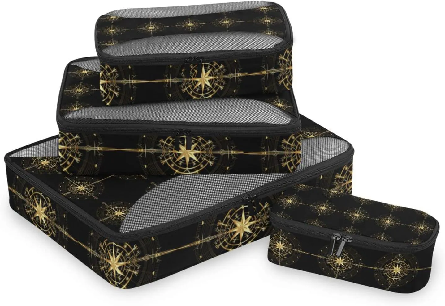 Magic Ancient Wind Rose Magic Navigation Gold Compass 4 PCs Set Packing Bags, Luggage Organizer Bag, Portable Cube Toiletry bag, Durable Travel Cosmetic Storage Bag for Men Women