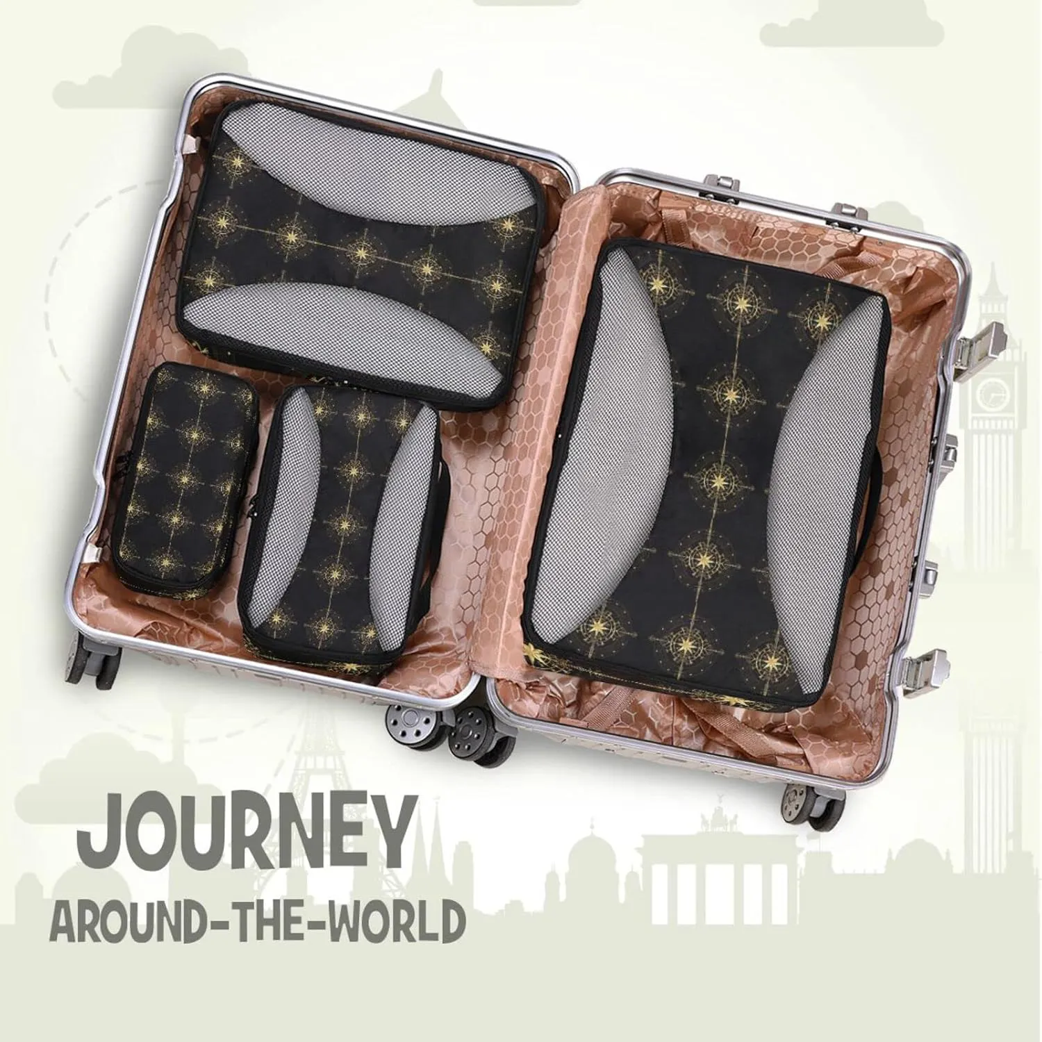 Magic Ancient Wind Rose Magic Navigation Gold Compass 4 PCs Set Packing Bags, Luggage Organizer Bag, Portable Cube Toiletry bag, Durable Travel Cosmetic Storage Bag for Men Women